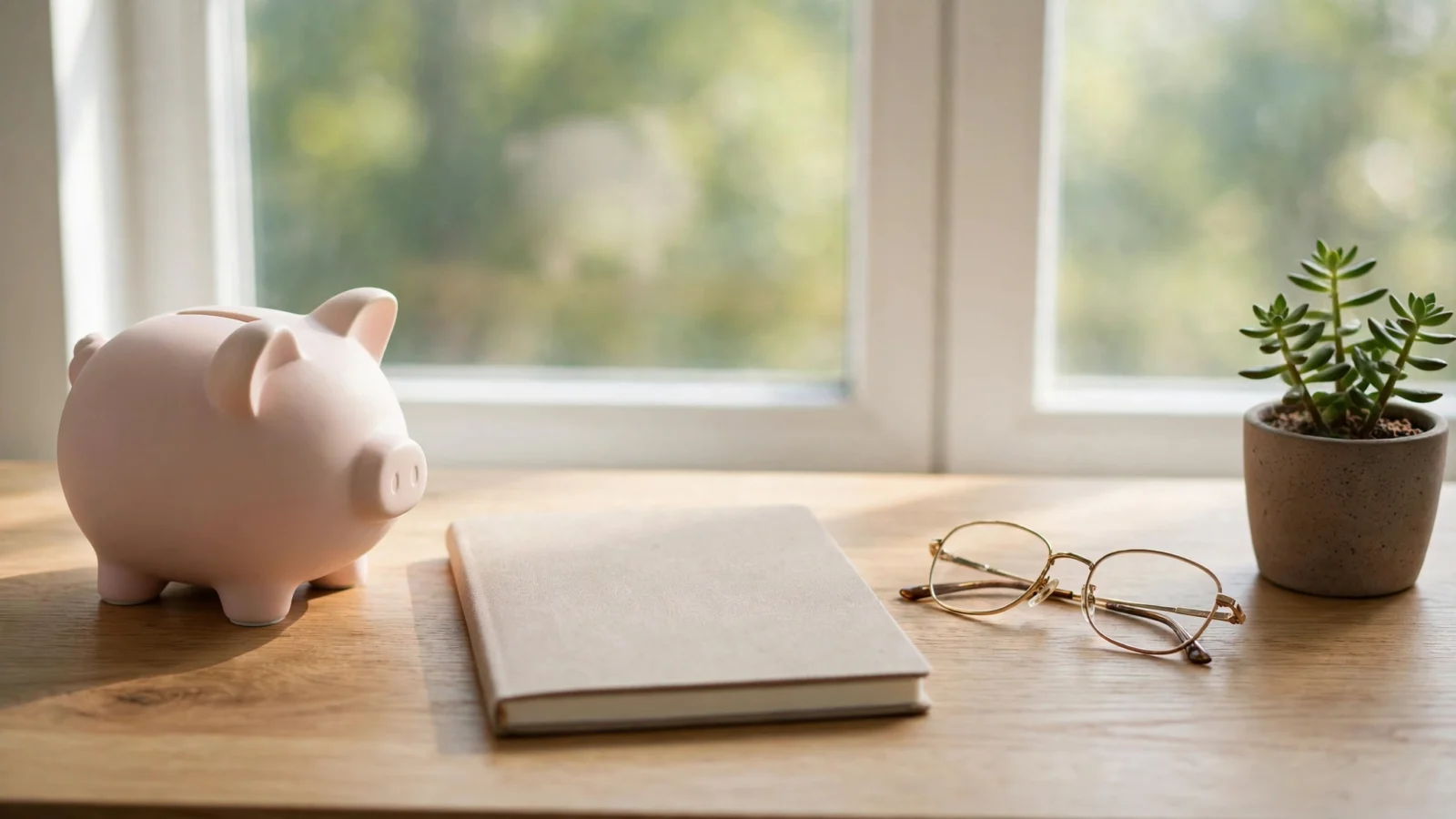 A pink ceramic piggy bank, a blank closed notebook, reading glasses and a small potted plant on a wooden desk in front of a bright window