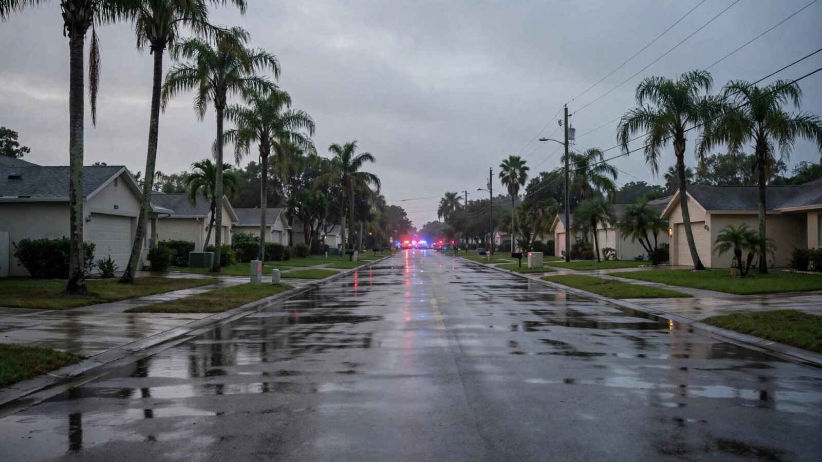 A suburban Florida residential street at dawn with emergency vehicle lights flashing in the distance and wet pavement reflecting the light