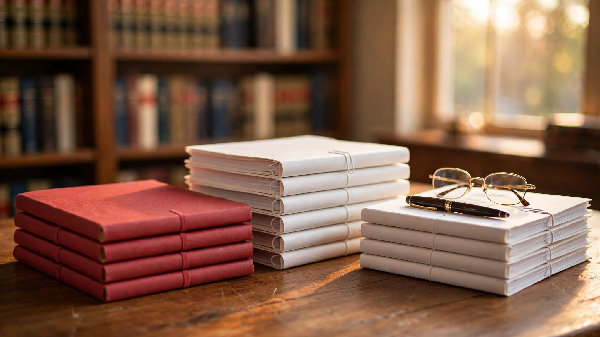 Stacks of white and red legal briefs with a fountain pen and reading glasses on a wooden desk in a law office