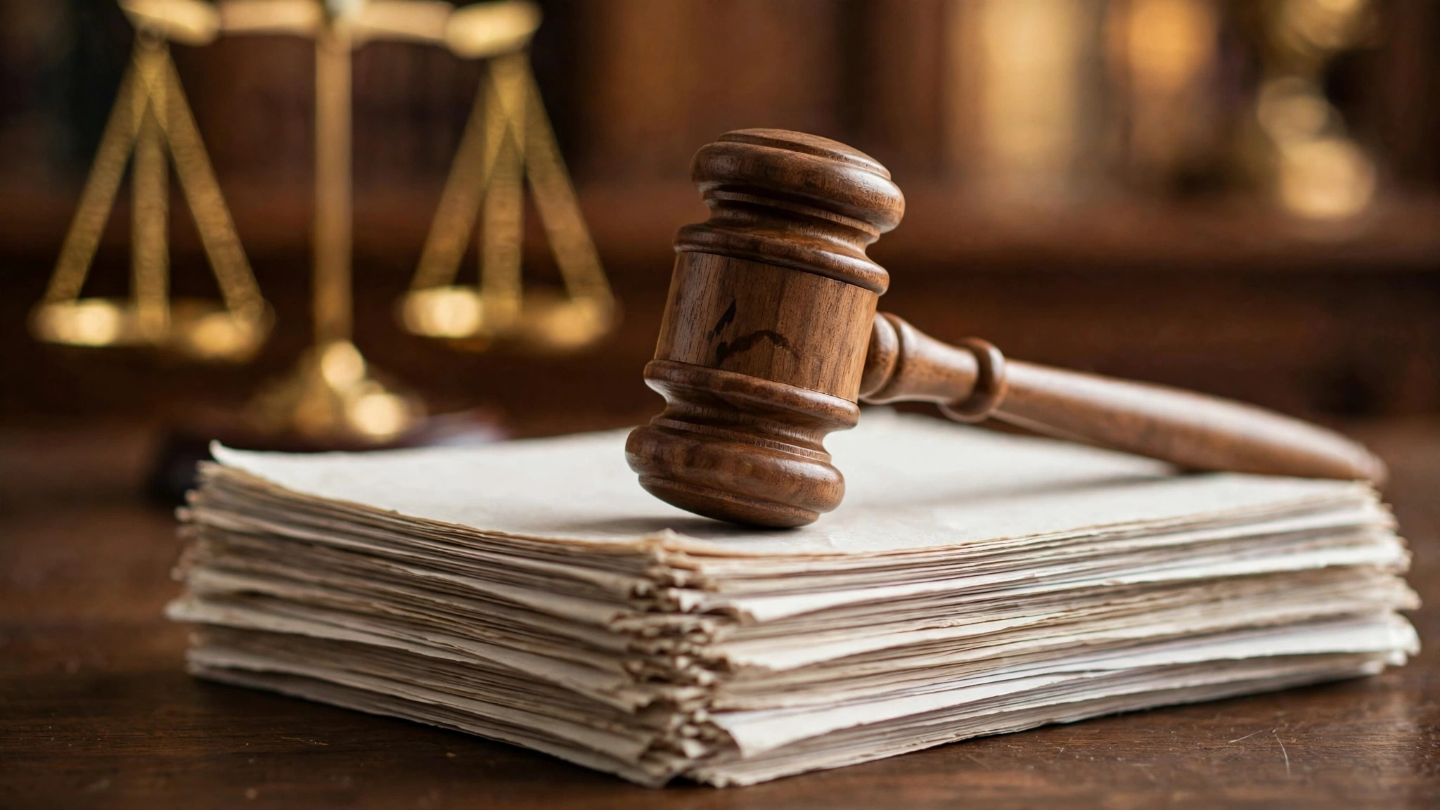 A wooden judge's gavel resting on a stack of court documents on a desk with scales of justice blurred behind