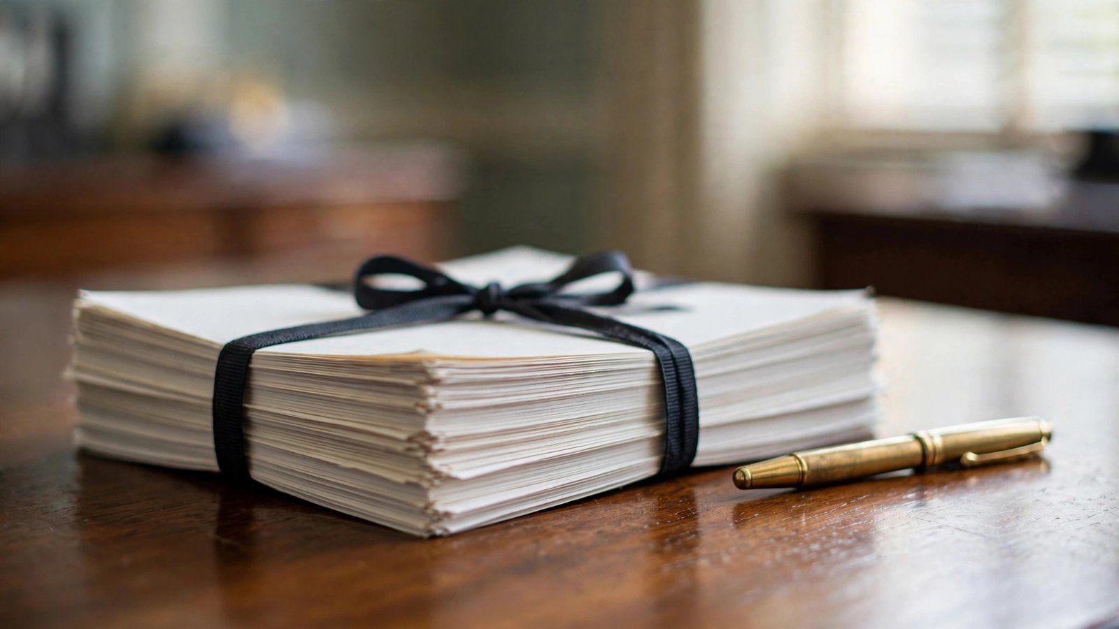 A stack of paper documents tied with a dark ribbon and a brass pen on a wooden desk