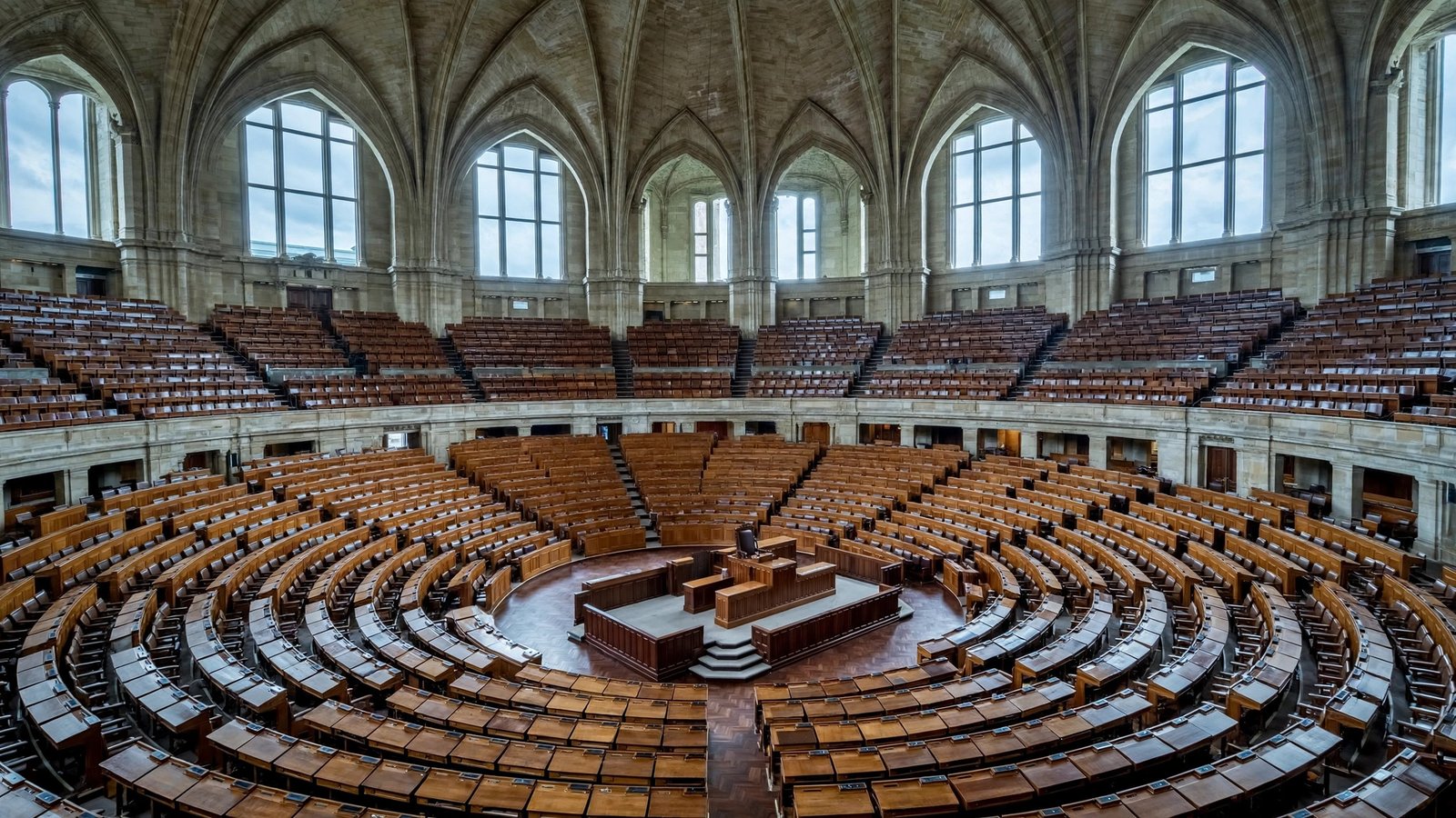 A large tiered legislative chamber with rows of curved wooden desks facing a central platform, all seats empty