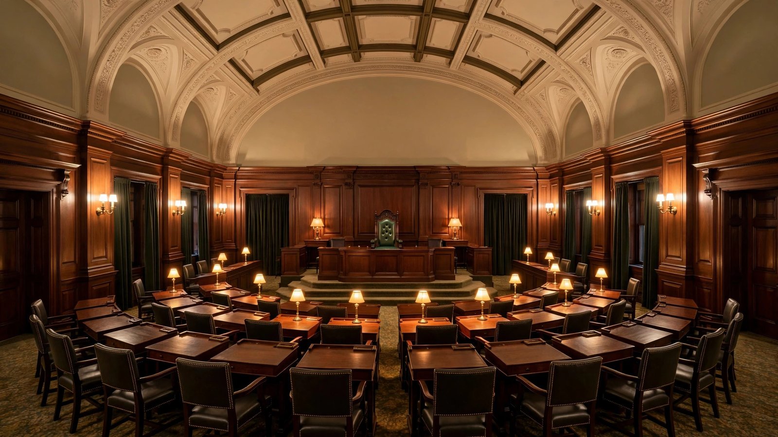 A small wood-paneled legislative chamber with a semicircle of desks facing a raised dais, all seats empty