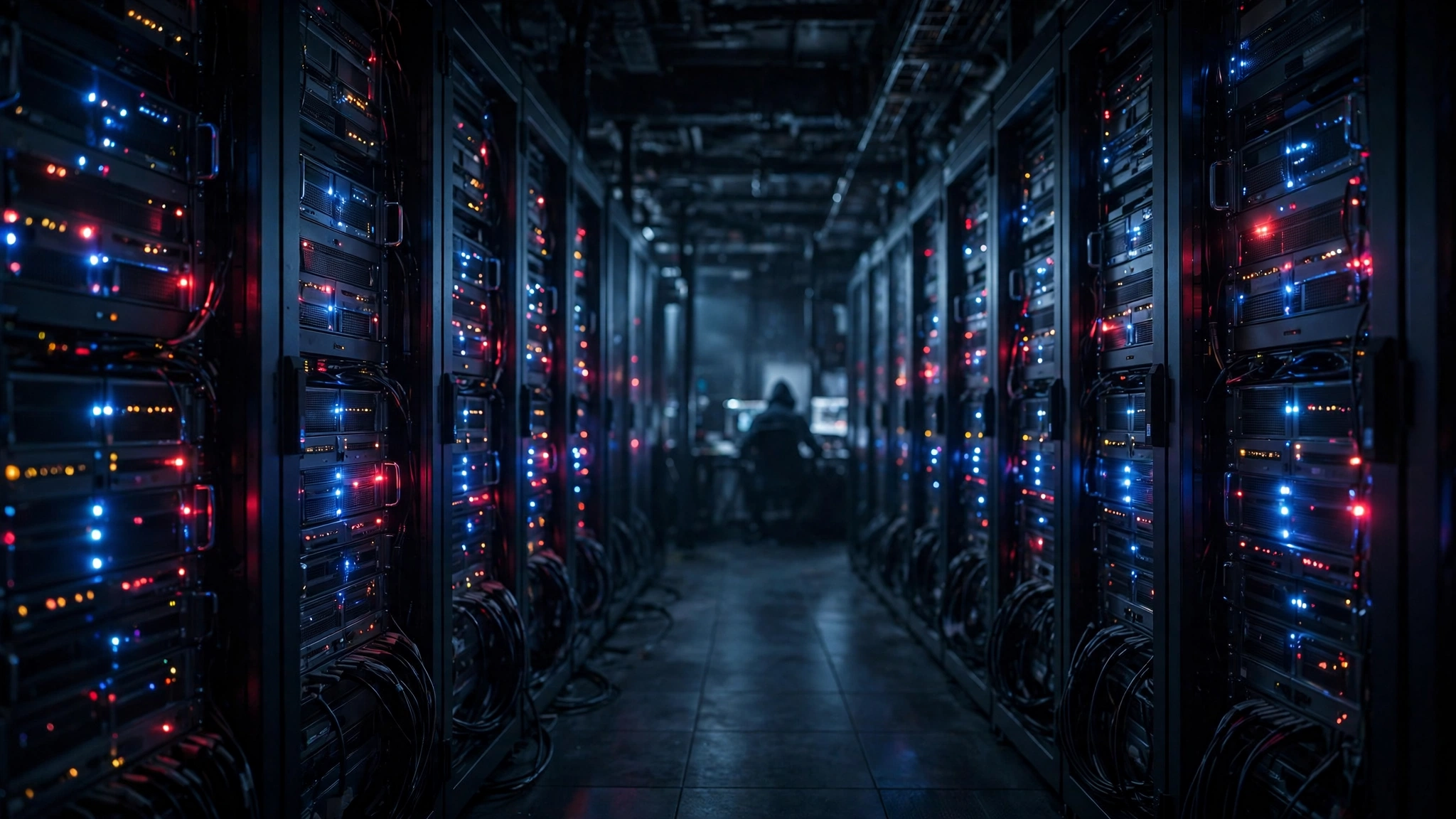 Dark server room with rows of racks and blinking indicator lights, a silhouetted person at a terminal in the distance