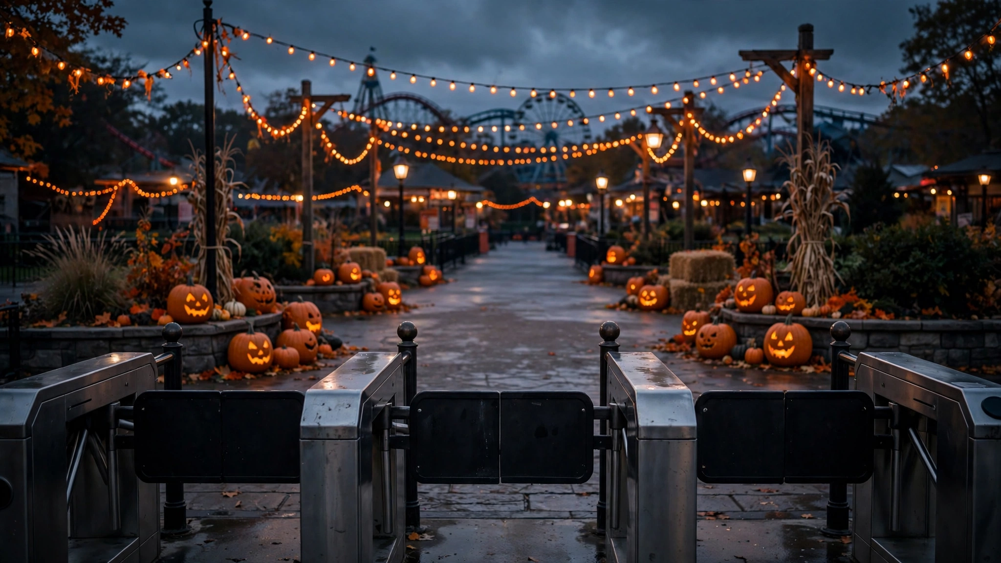 An amusement park entrance decorated with glowing jack-o-lanterns and string lights at dusk