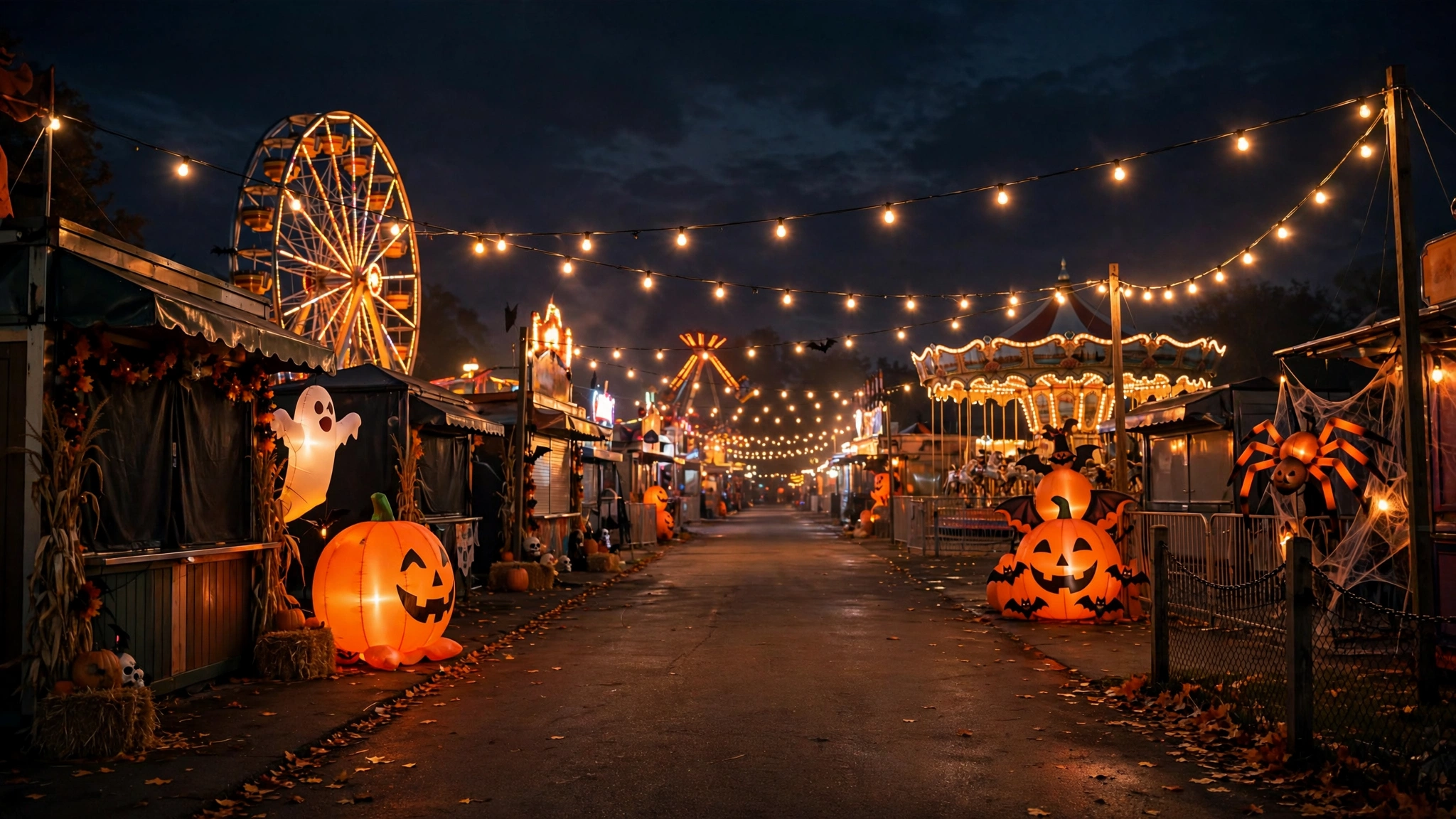 An amusement park midway at night with a lit Ferris wheel, carousel and Halloween decorations