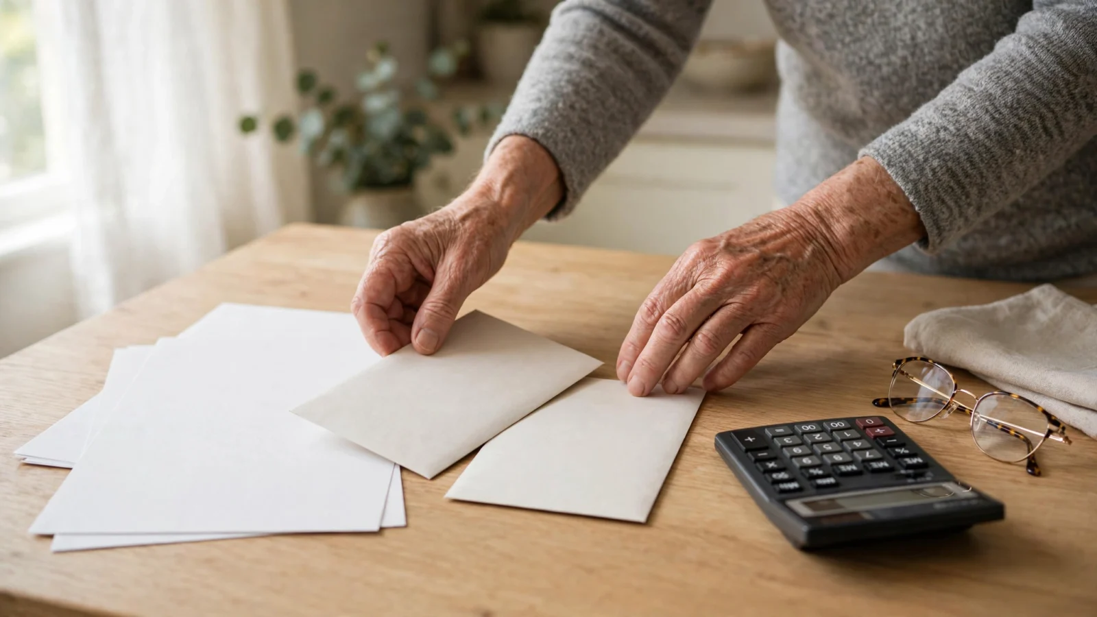 An older adult's hands sorting plain white envelopes and blank paper on a wooden kitchen table beside a calculator and reading glasses