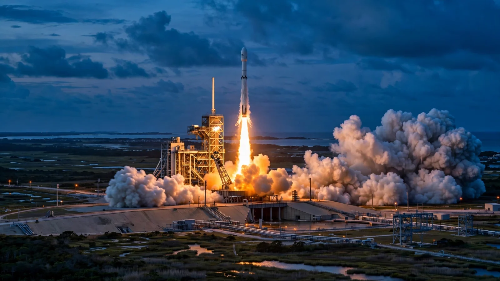 A rocket lifts off from a launch pad at dusk, flame and smoke billowing below