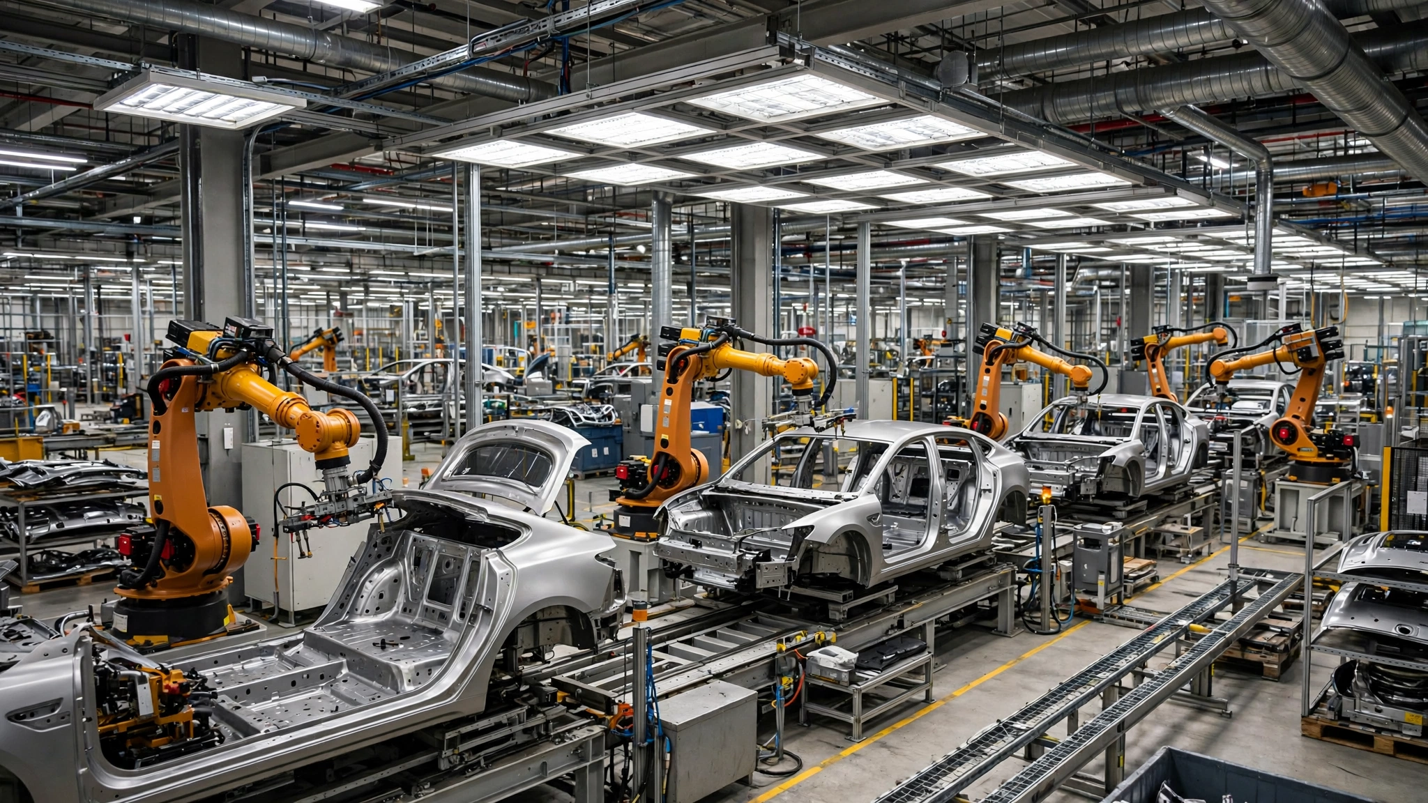 Robotic arms assemble silver electric car bodies on a factory production line