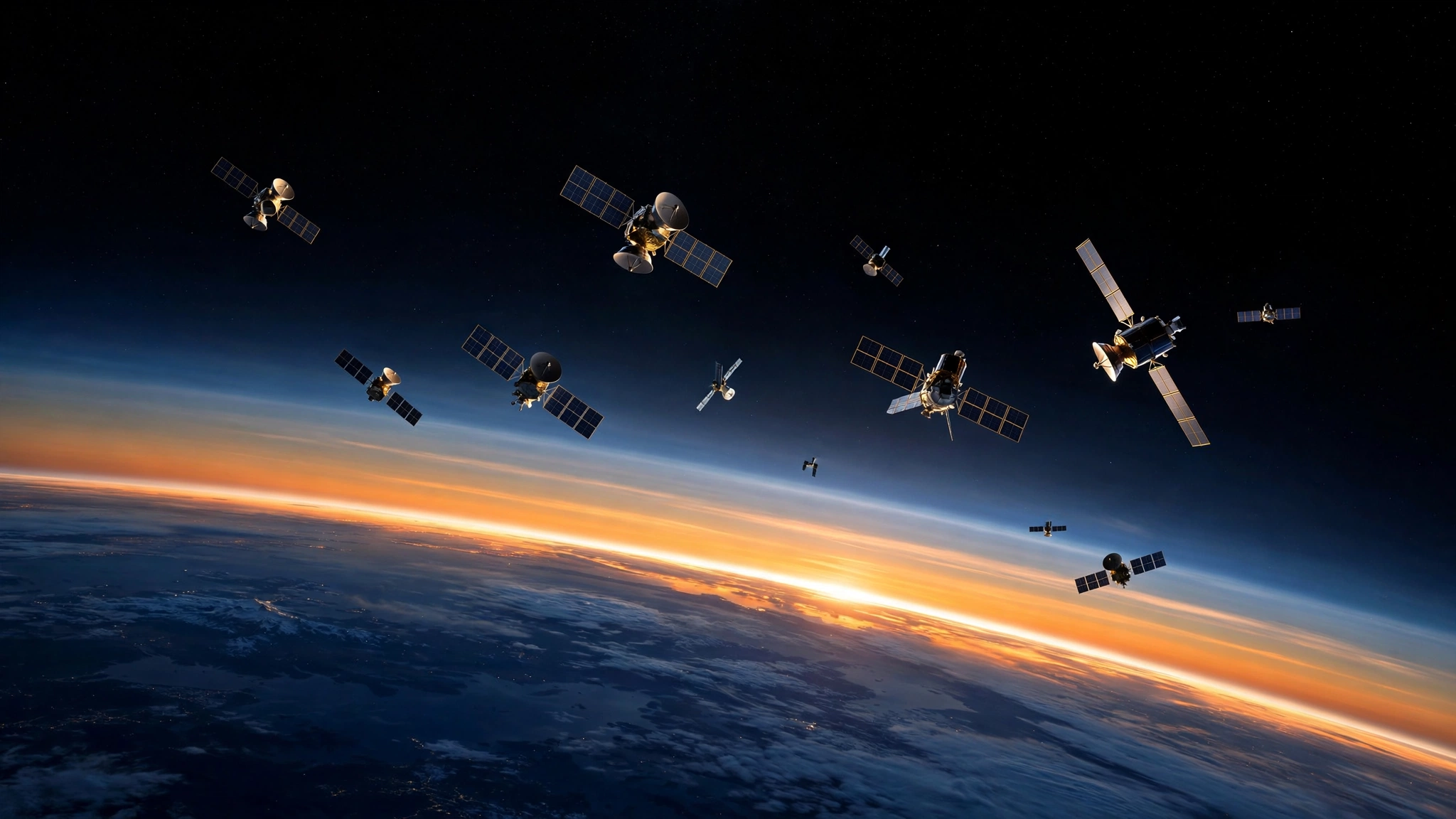 A constellation of satellites orbits above Earth's glowing horizon