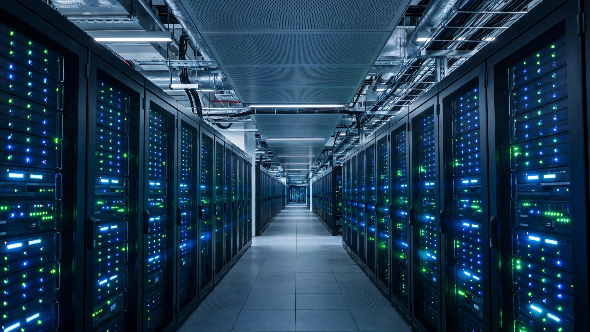 Rows of glowing server racks inside a modern data center