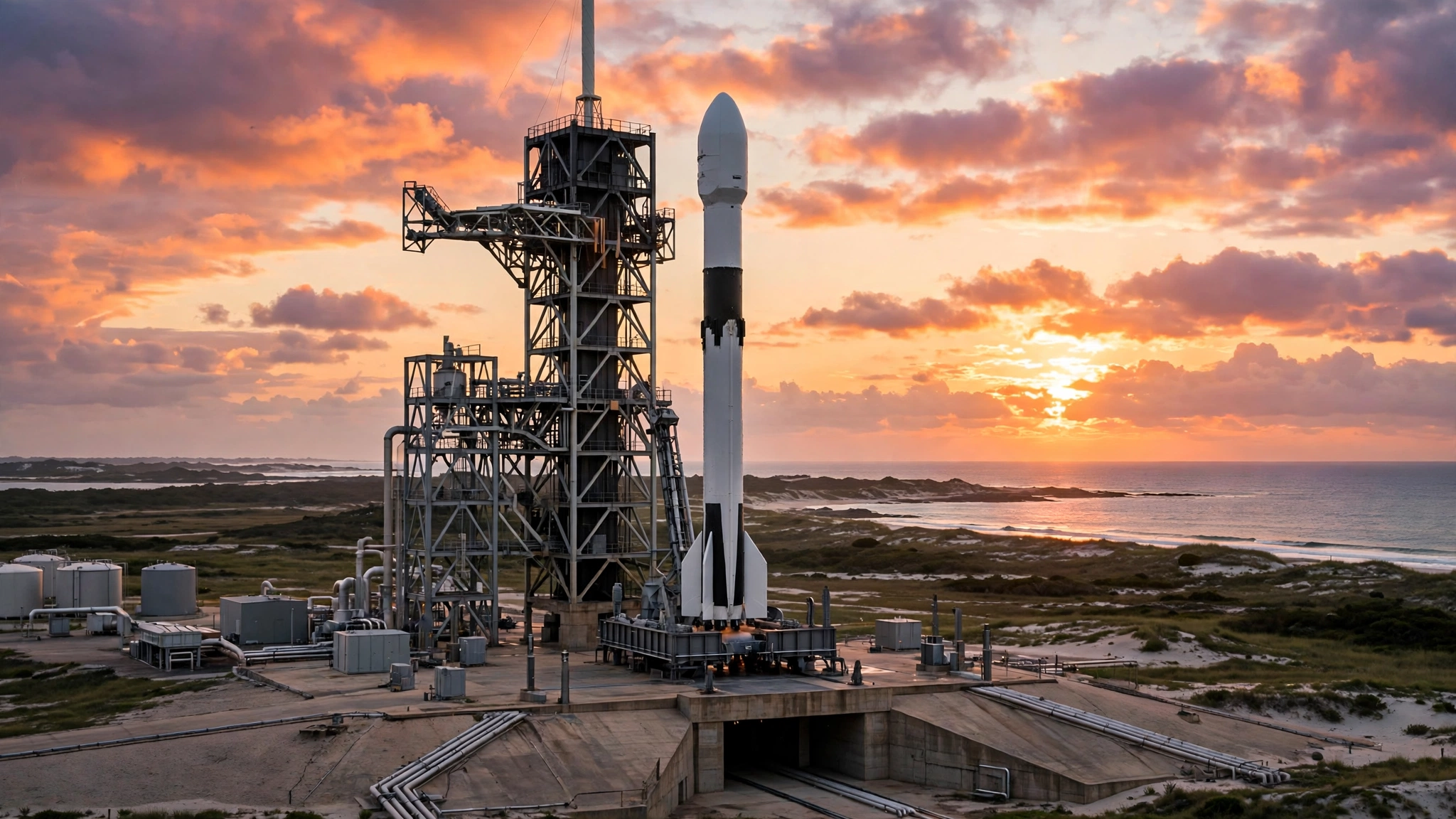 A rocket on a launch tower at sunset with the ocean behind