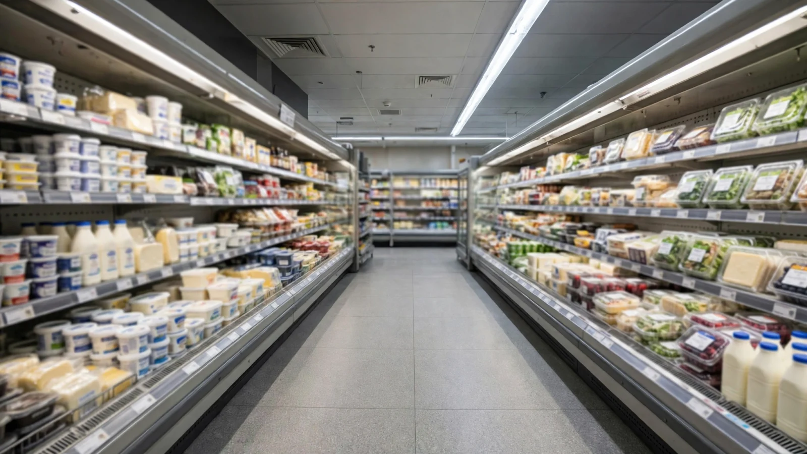 Supermarket refrigerated aisle with open display cases of dairy and fresh products, product labels blurred