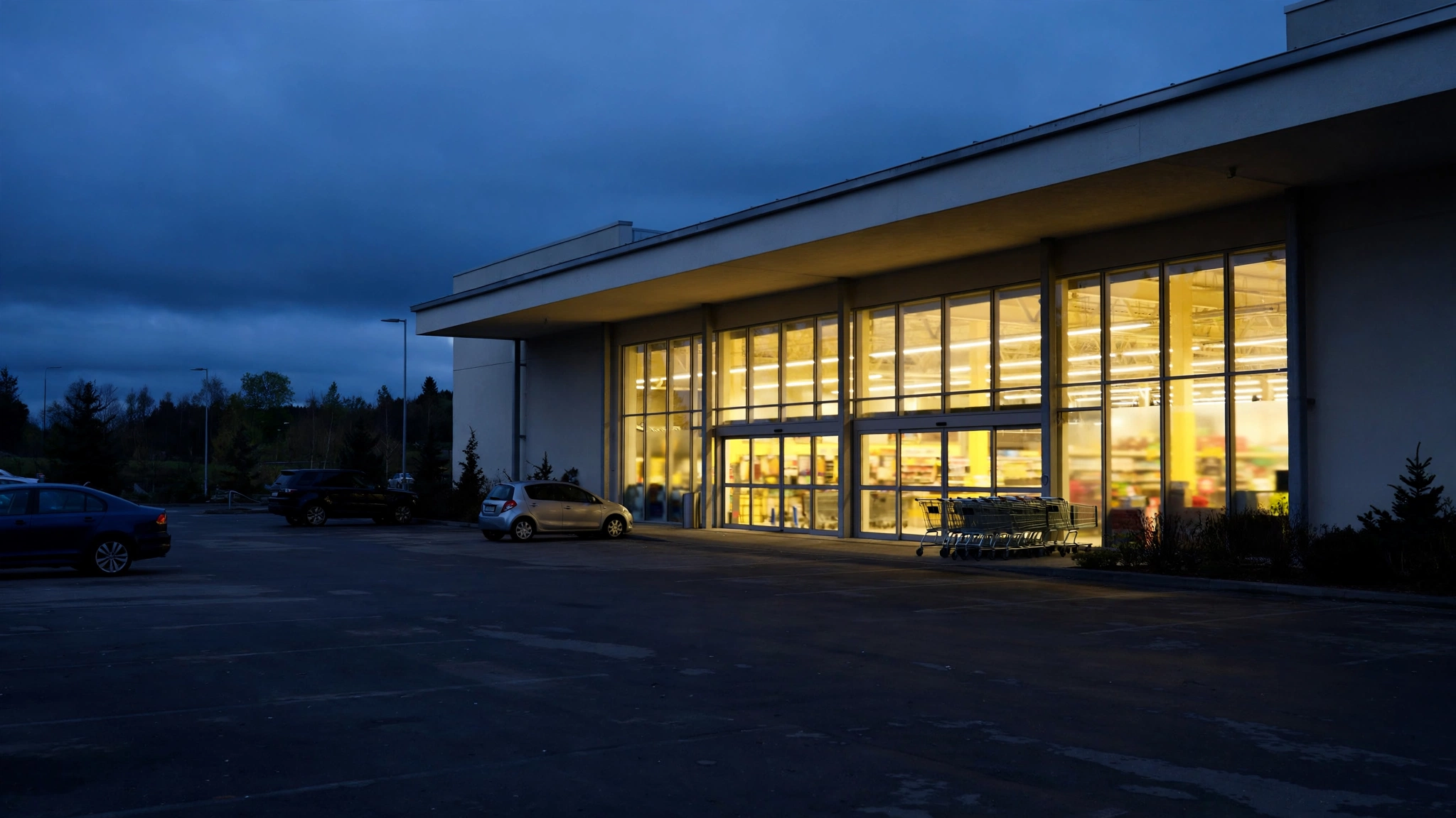 Supermarket storefront with glowing windows and a dark parking lot at dusk
