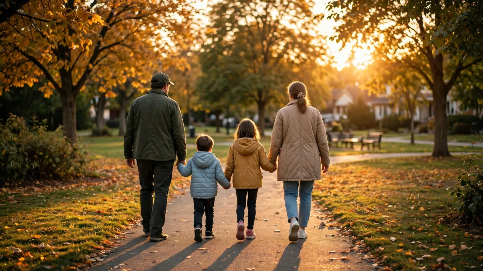 Parents and two children seen from behind, walking hand in hand along a park path at sunset
