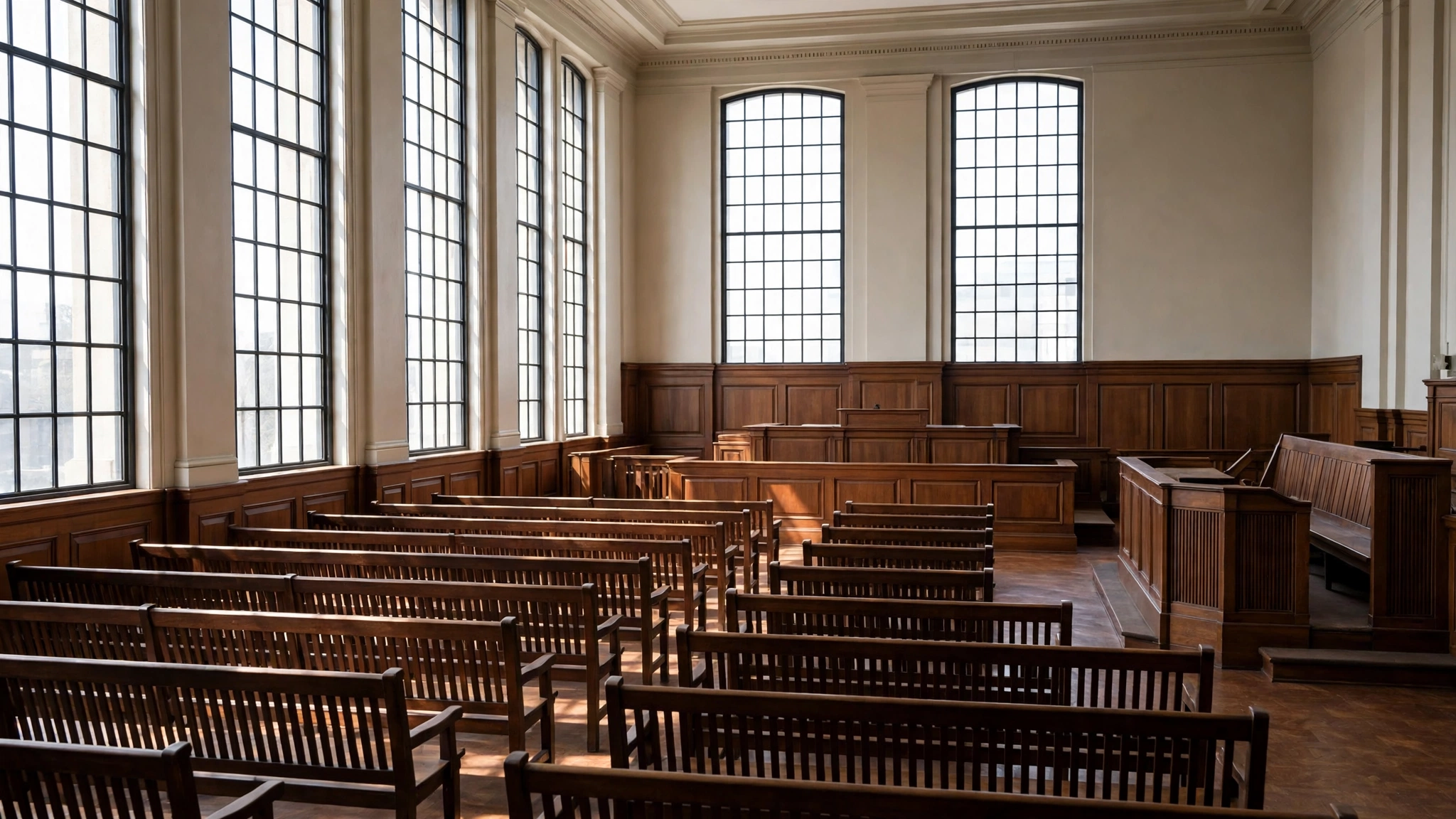 An empty courtroom with wooden benches, a judge bench and tall windows