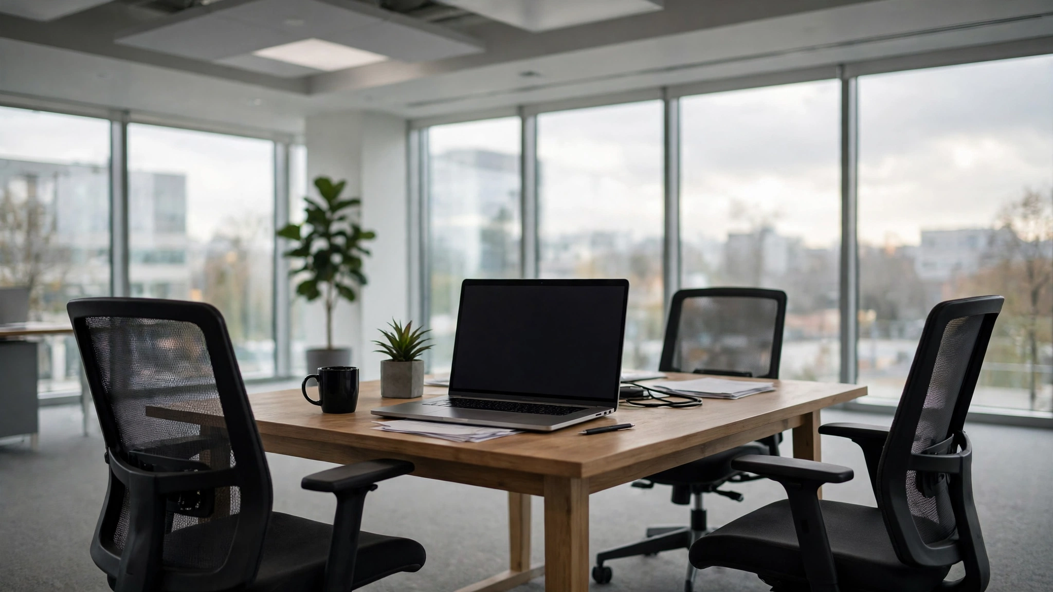 A laptop with a blank screen on a wooden desk in a bright office