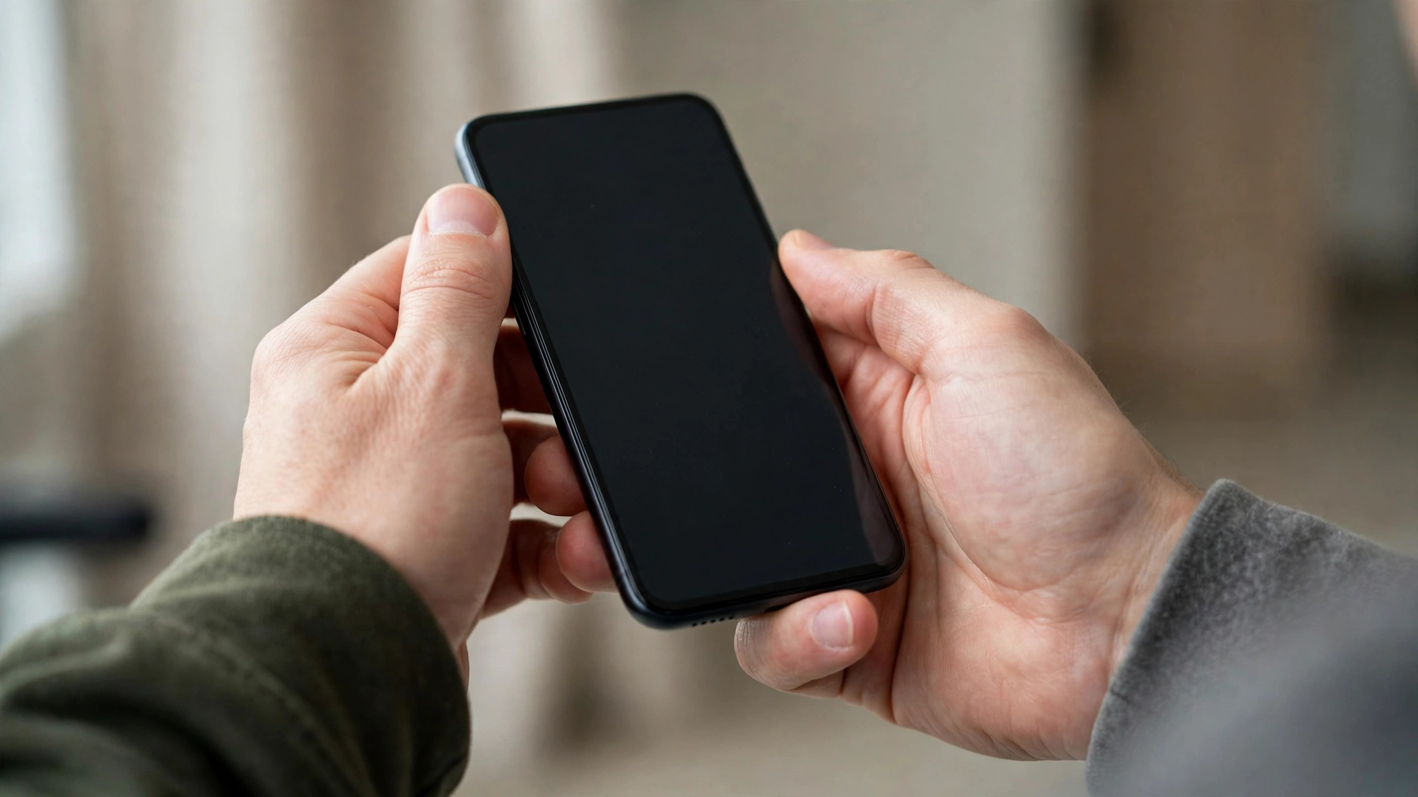 Two hands holding a smartphone with a blank dark screen