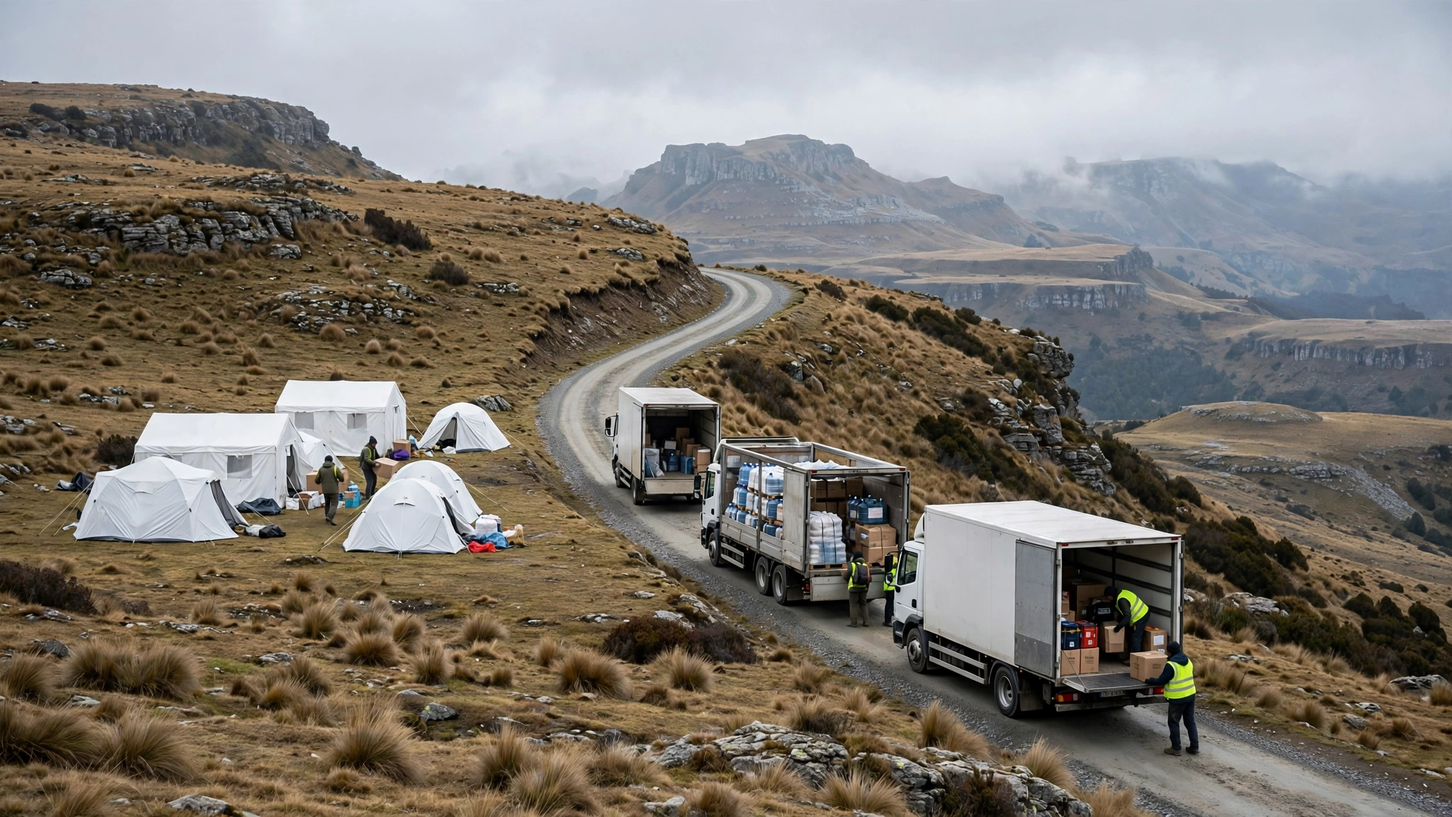 Relief trucks and white emergency tents on a mountain road, with workers unloading disaster relief supplies