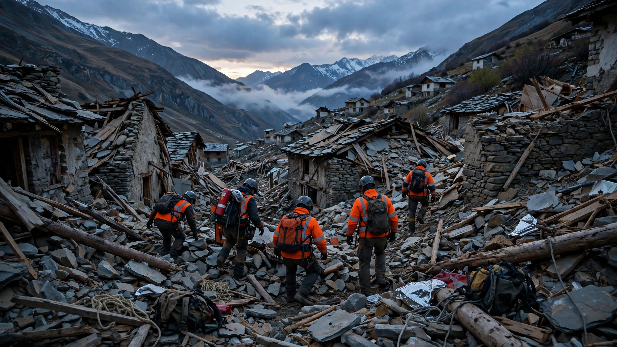Rescue workers in orange vests and helmets walking through the rubble of collapsed stone houses in a mountain village