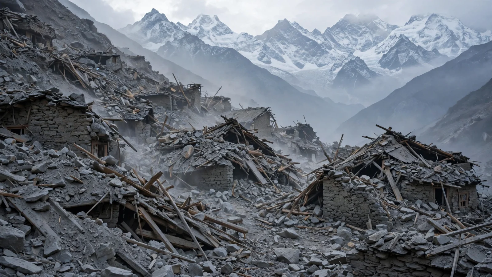 Collapsed stone houses and rubble in a mountain village after an earthquake, with snow-covered peaks behind