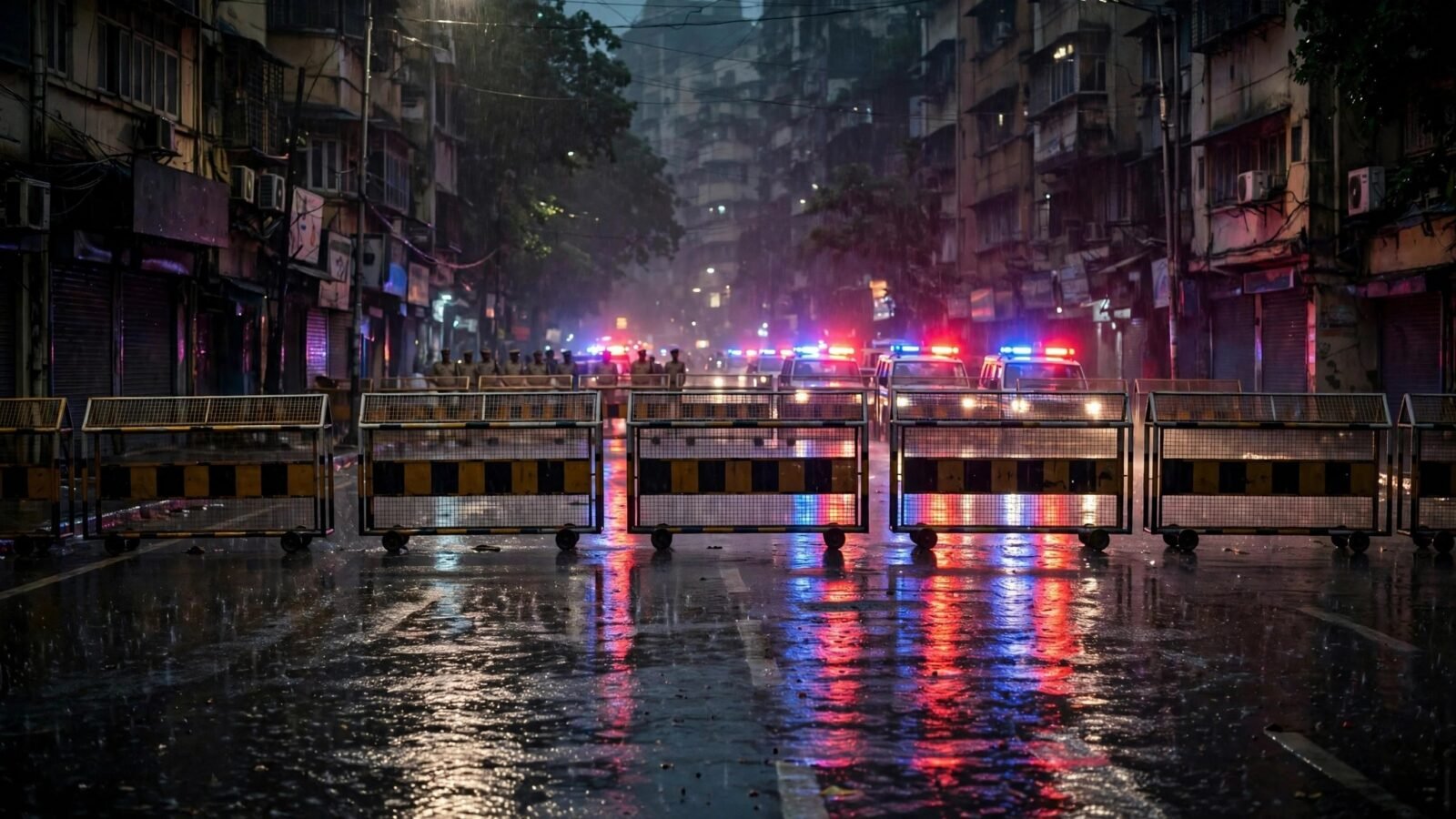 Police barricades and flashing emergency lights on a Mumbai street at night with officers standing in the distance