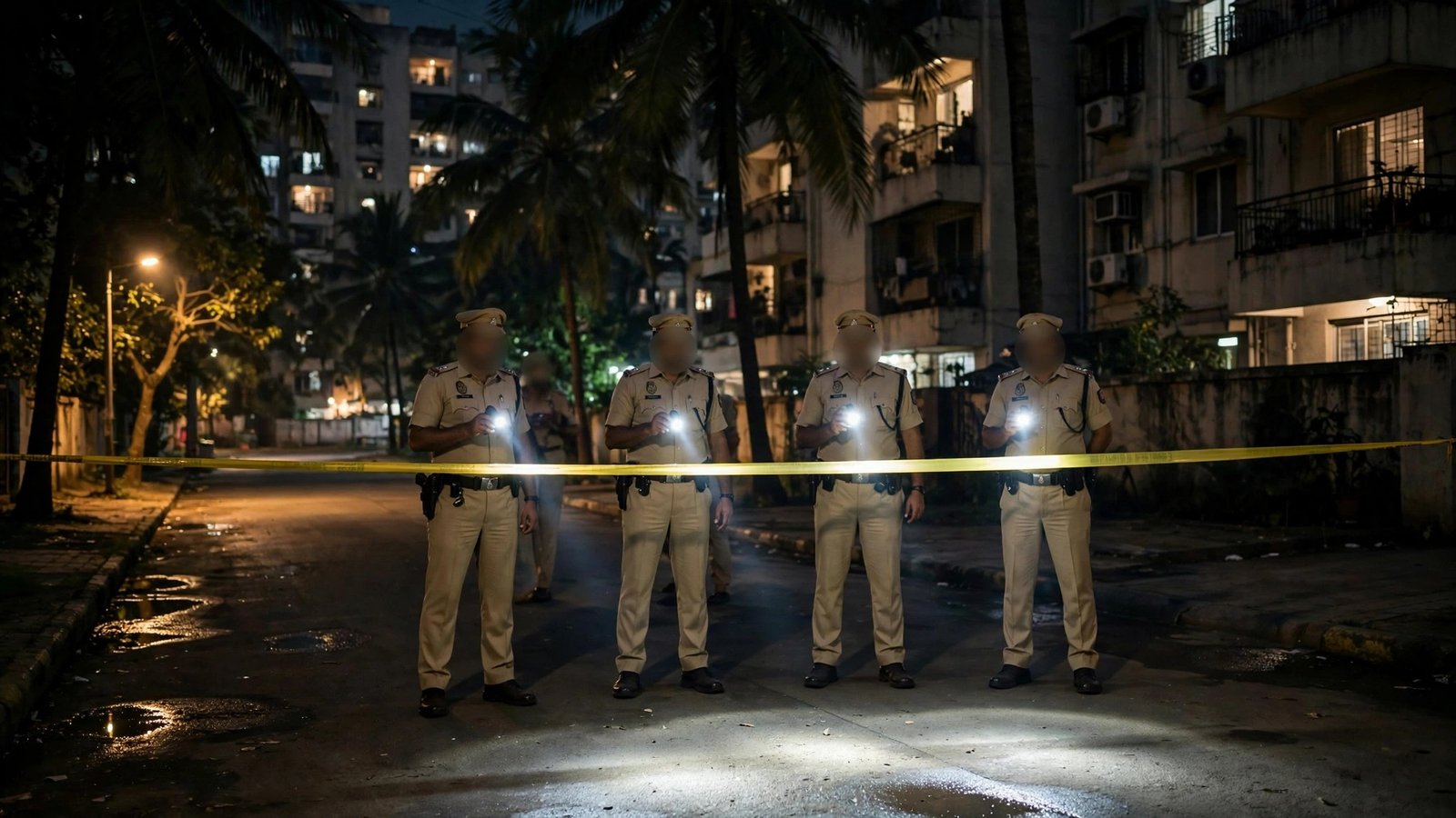 Police officers with flashlights standing behind yellow crime-scene tape on a residential street in Juhu, Mumbai, at night