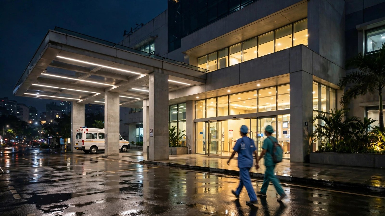 Entrance of a modern Mumbai hospital at night with an ambulance bay and staff in scrubs walking past