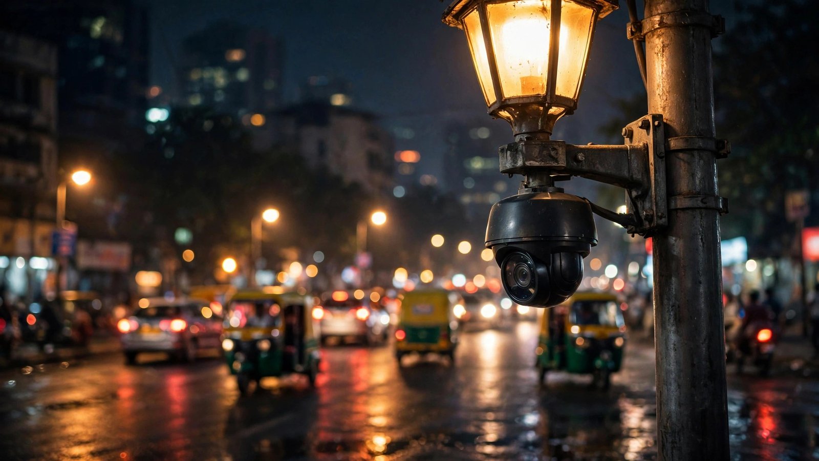A CCTV security camera mounted on a streetlight over a busy Mumbai road at night