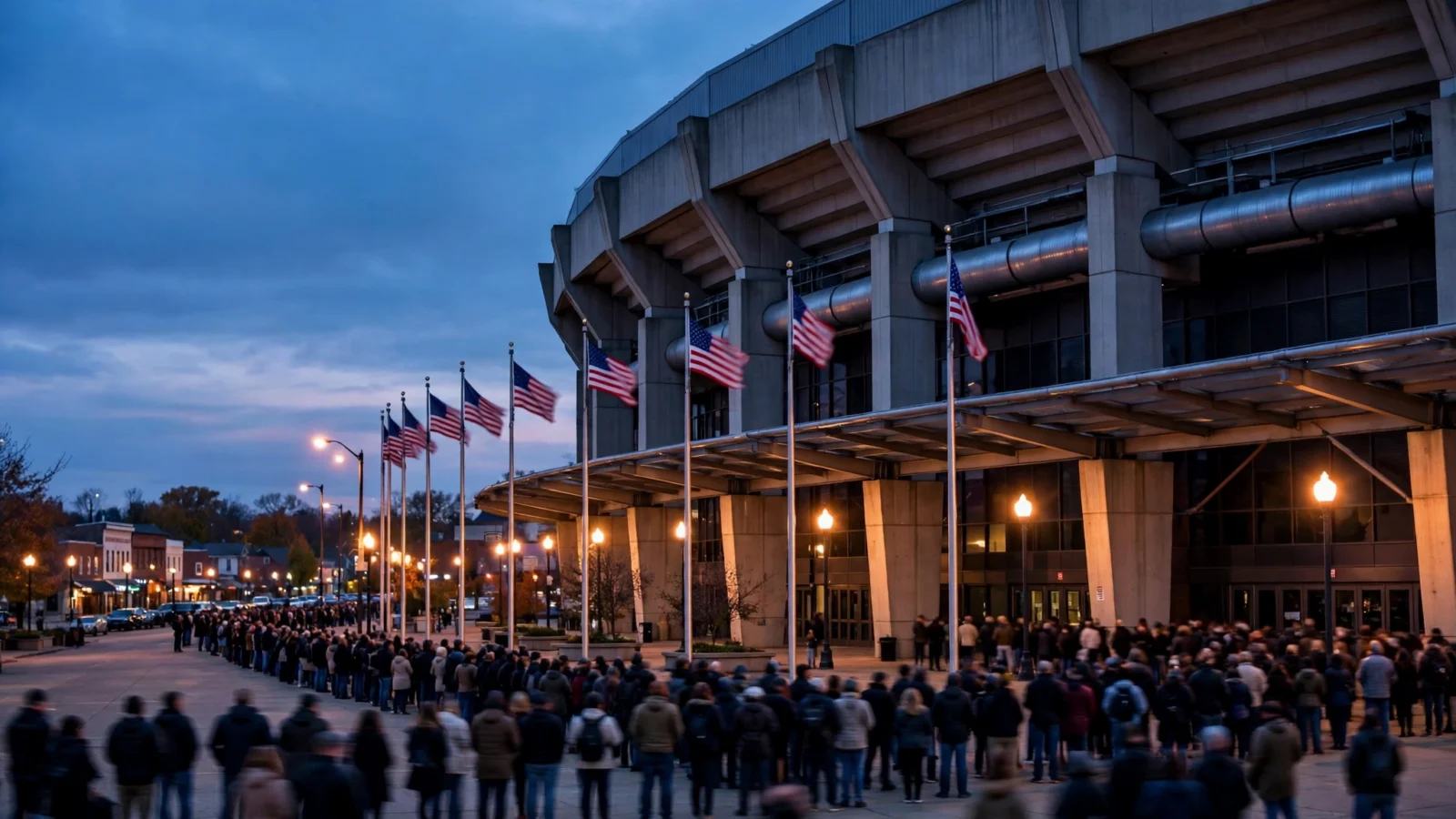 A crowd lines up outside a large arena at dusk, with American flags on poles in front of the building