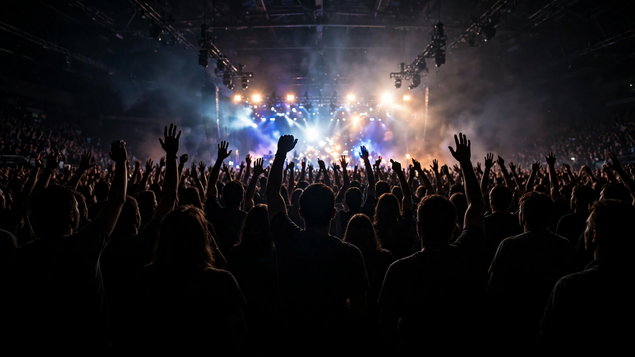 Silhouettes of an arena crowd with raised hands facing a brightly lit stage