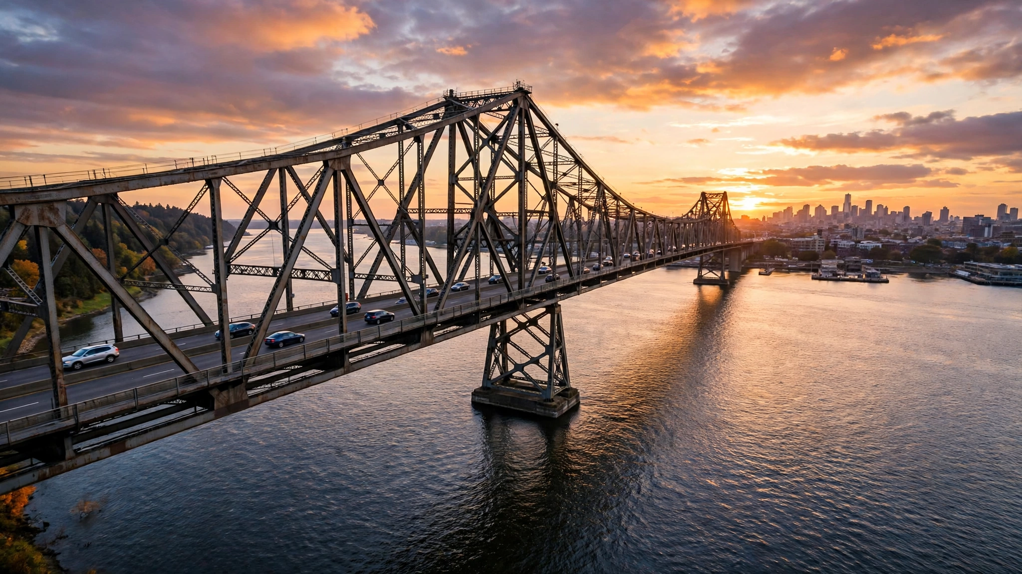 Cars cross a steel truss bridge over a wide river at sunset