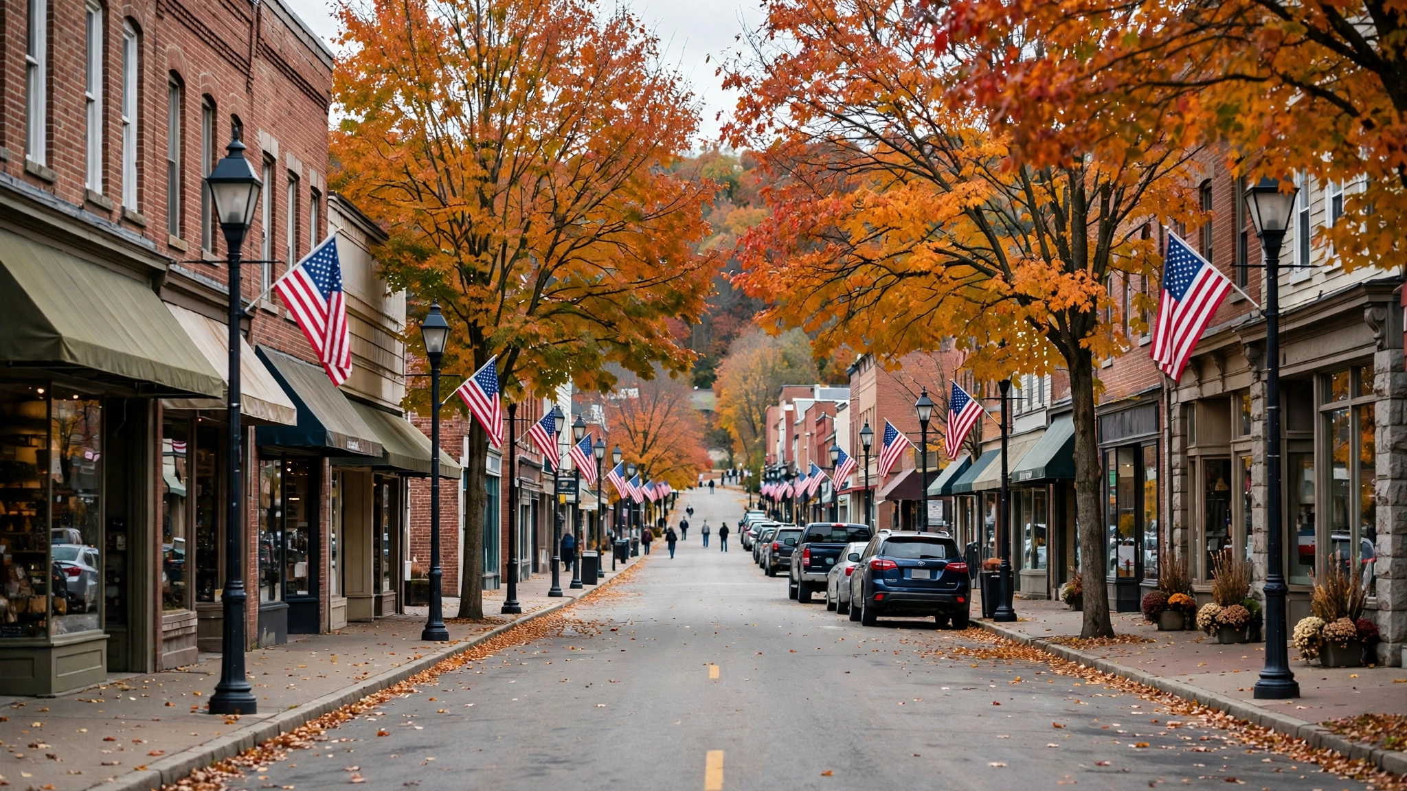 A small downtown main street lined with brick storefronts, autumn trees and American flags