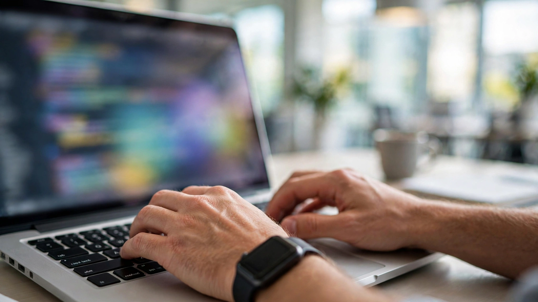 Hands of a programmer typing on a laptop in a bright office, face not visible