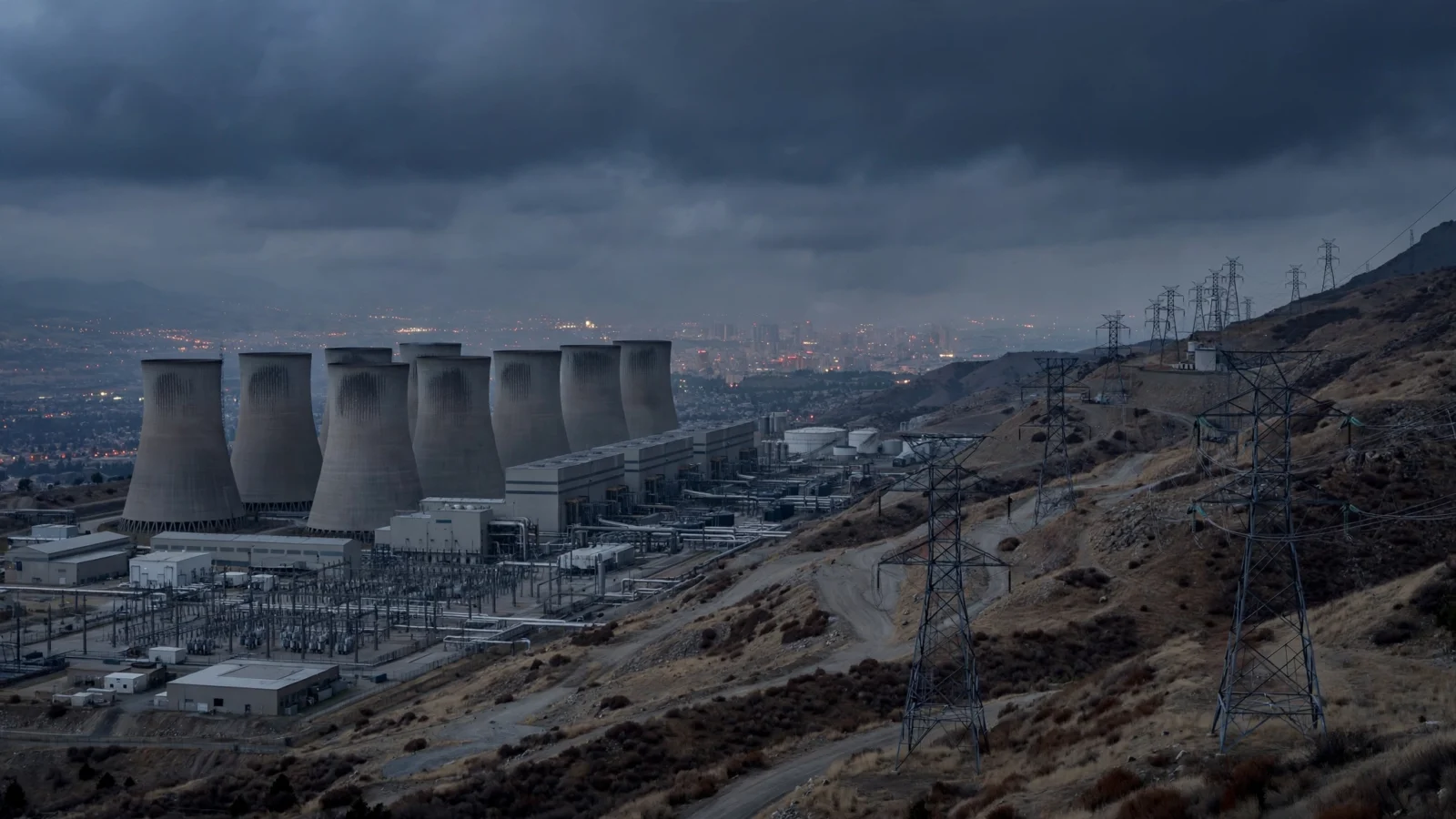 A large power plant with cooling towers and high-voltage transmission towers under a dark cloudy evening sky