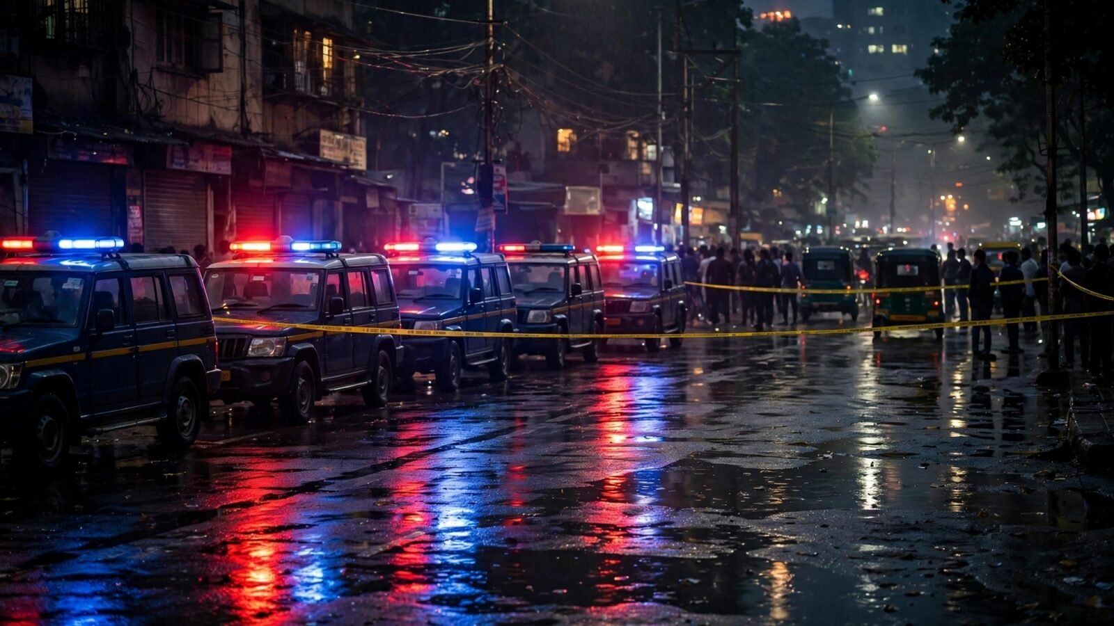Police vehicles with flashing red and blue lights block a cordoned-off Mumbai street at night.