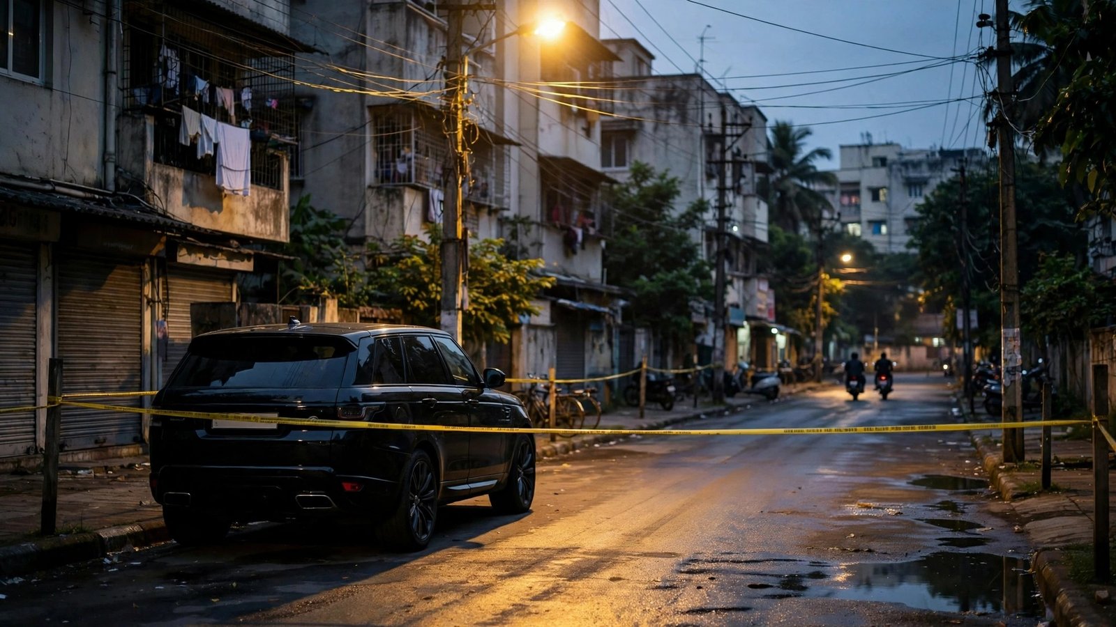 A black SUV parked on a Mumbai street at dusk behind yellow police tape, with two motorcyclists in the distance.