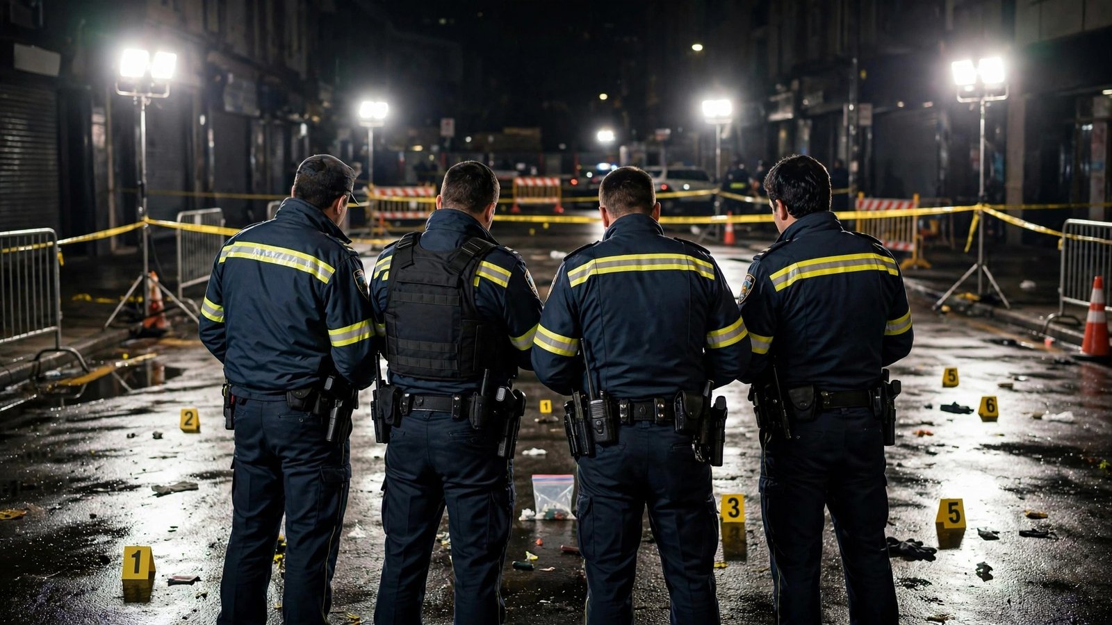 Police officers seen from behind examining a cordoned-off street under floodlights at night.