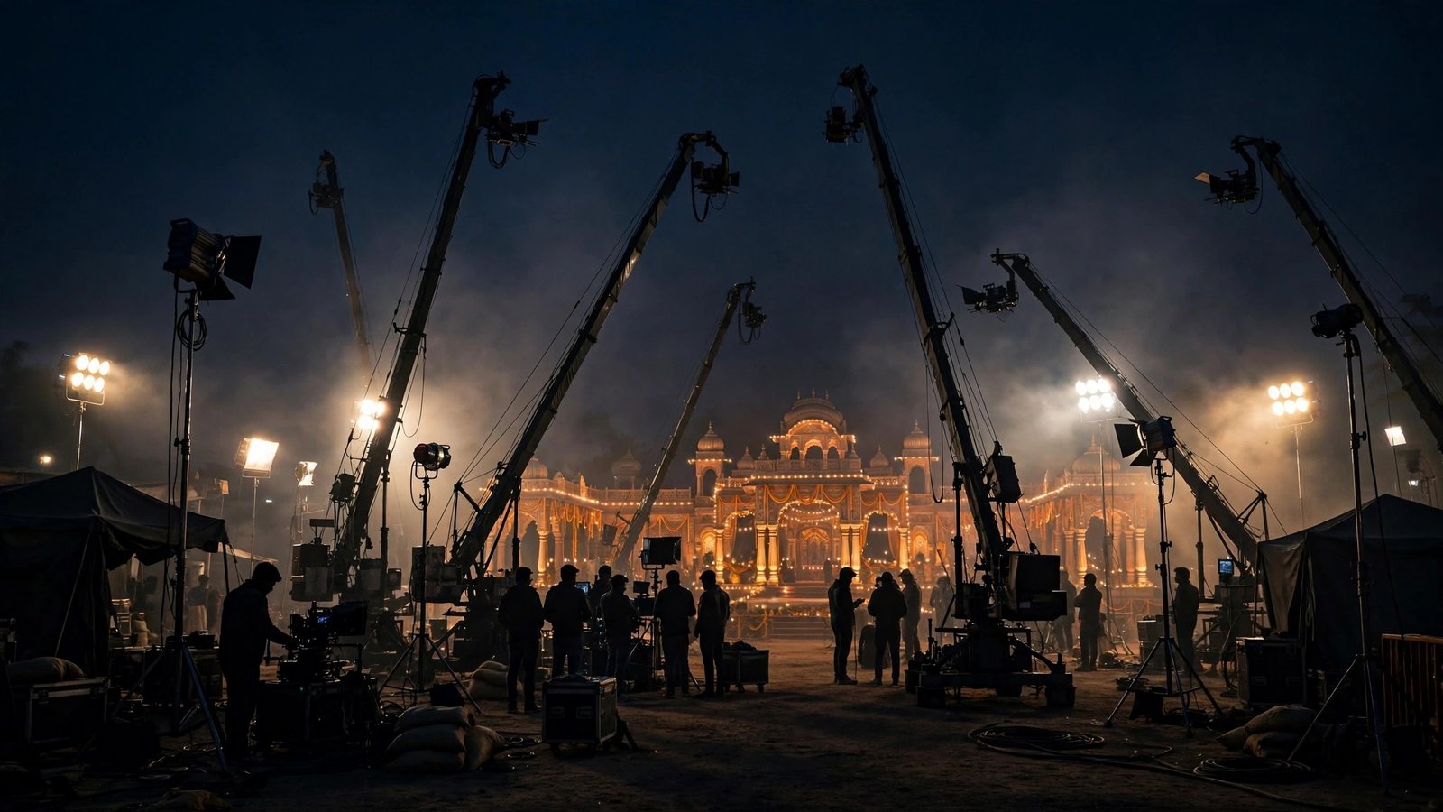 Silhouettes of film crew and camera cranes around a lit film set at night in Mumbai.