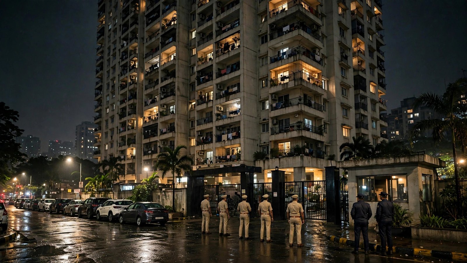 Uniformed police officers standing guard at the entrance of a Mumbai residential building at night.