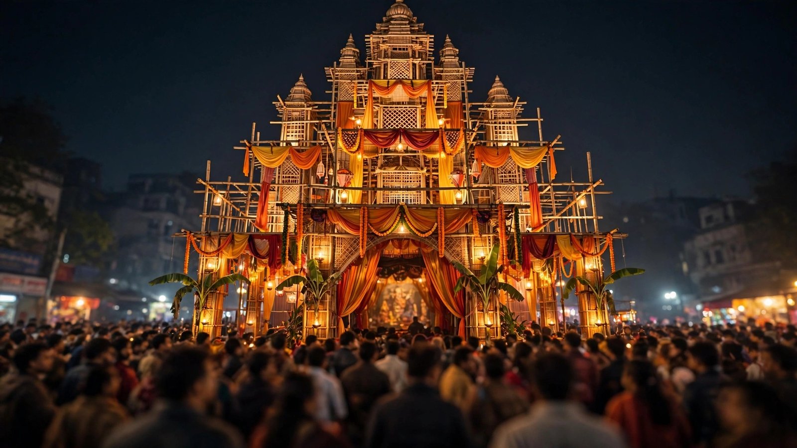 A decorated Durga Puja pandal glowing with lights at night as a crowd gathers in Kolkata.