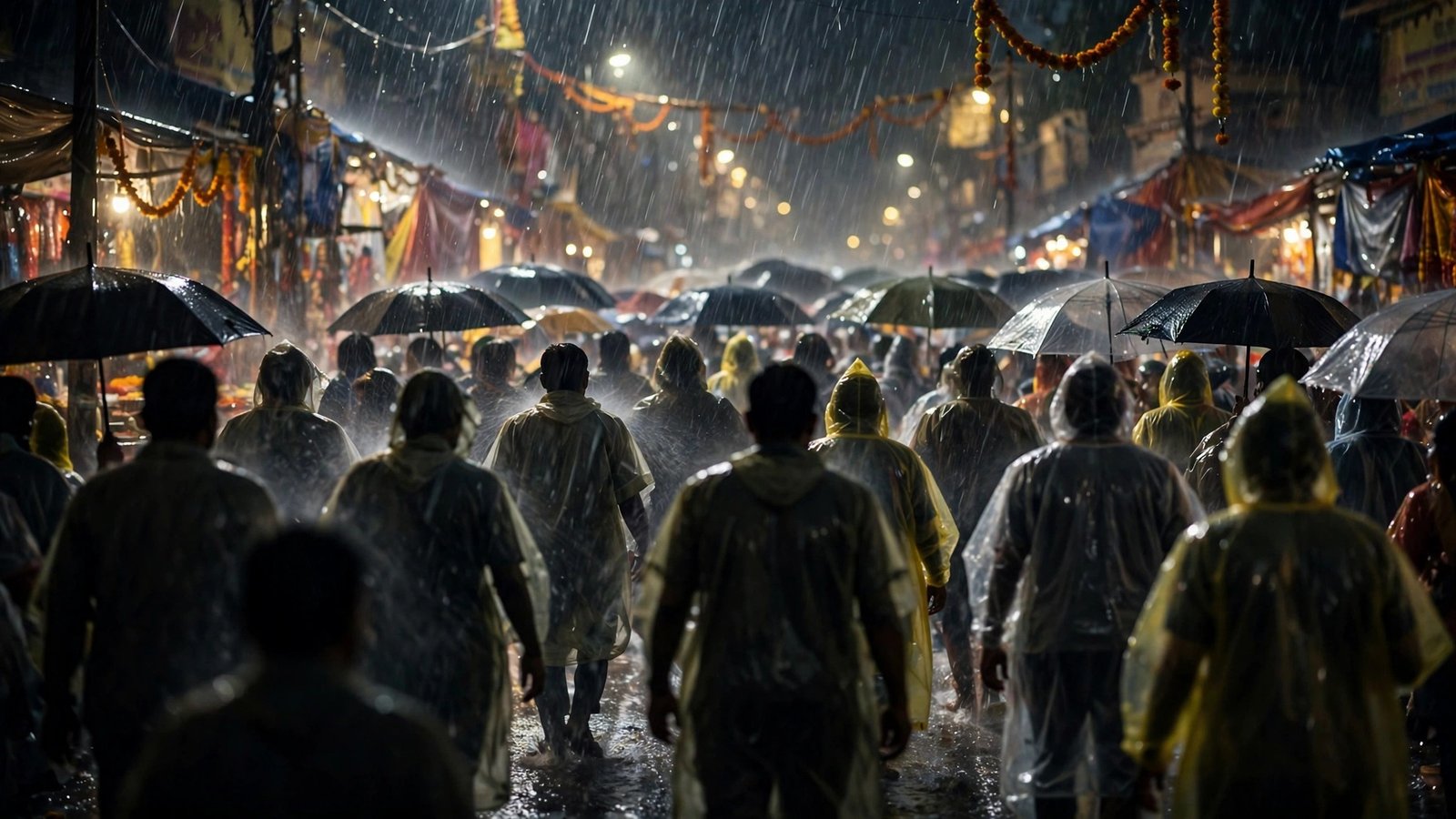 Festivalgoers with umbrellas and rain ponchos walking through heavy rain at night.