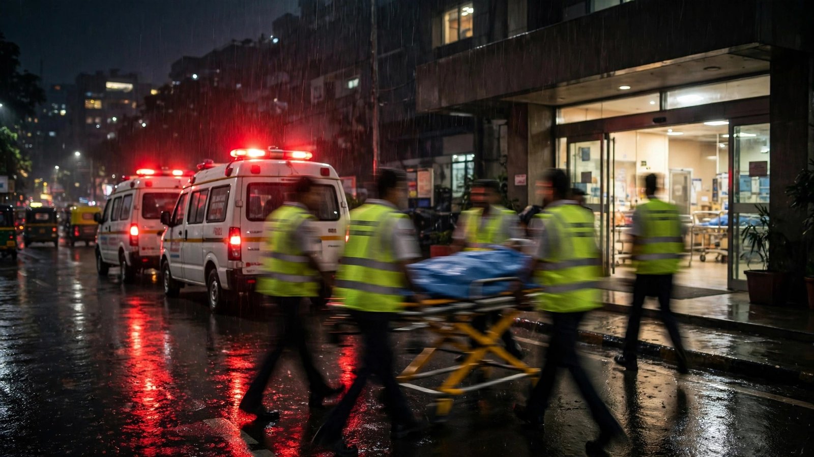Ambulances with flashing lights outside a hospital emergency entrance at night as paramedics rush a stretcher inside.