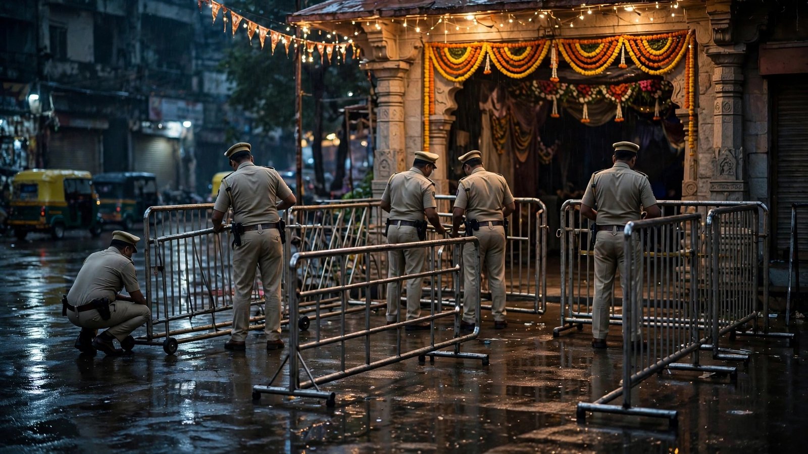 Police officers setting up metal barricades outside a decorated festival entrance at night.