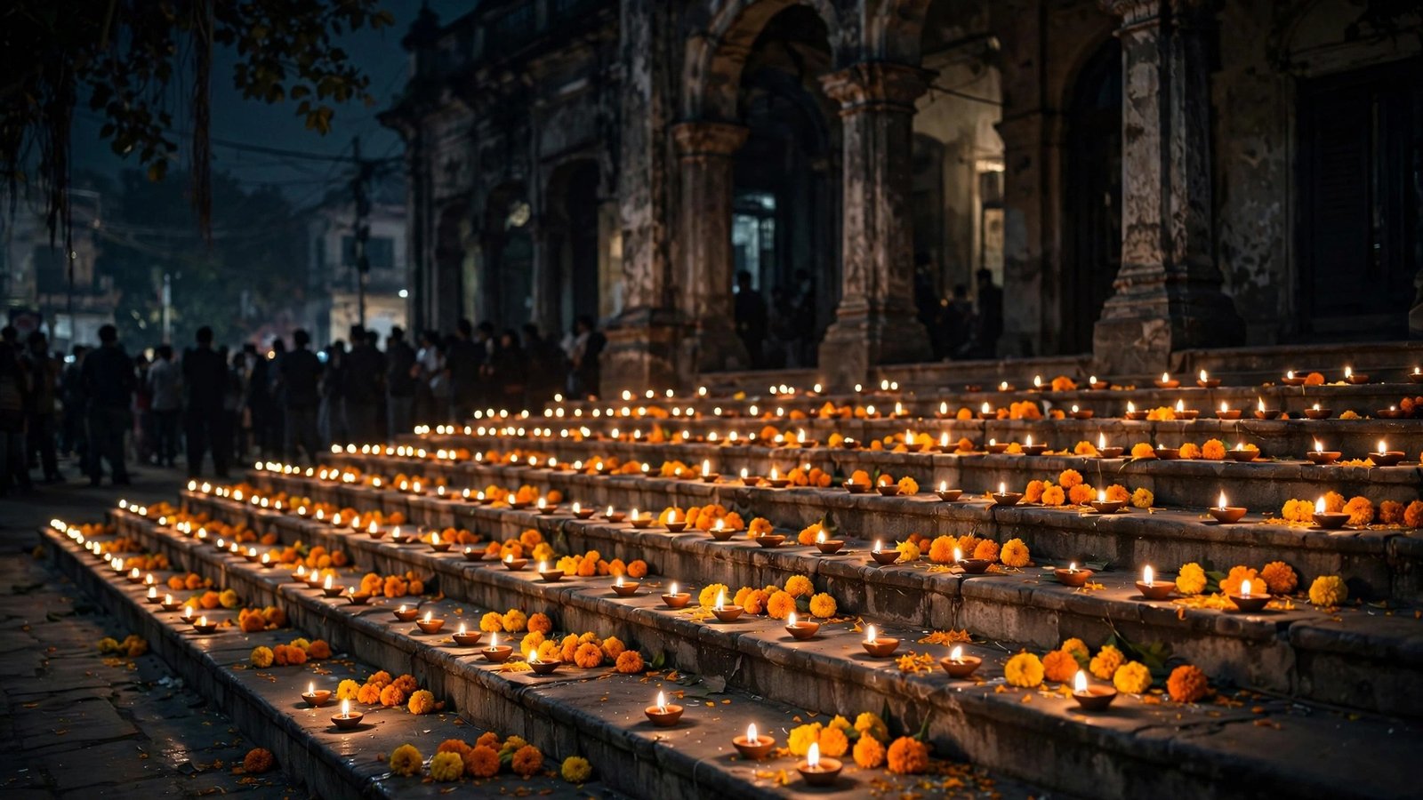 Rows of oil lamps and marigold flowers lit on stone steps at night as mourners gather.