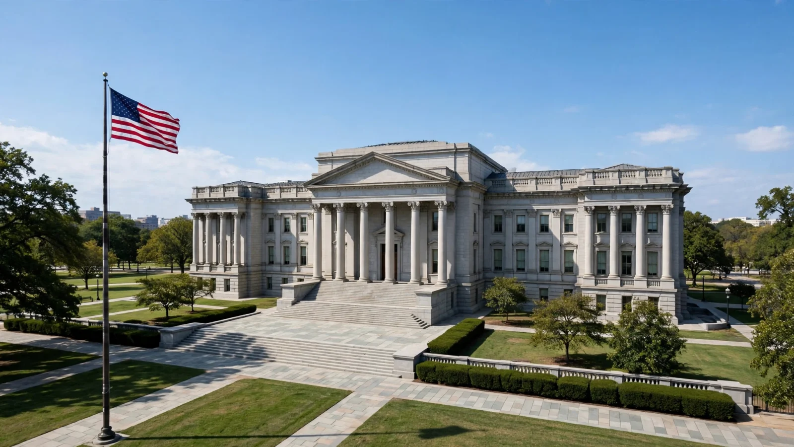 Stone federal courthouse with columns and steps, American flag flying in front under a clear sky