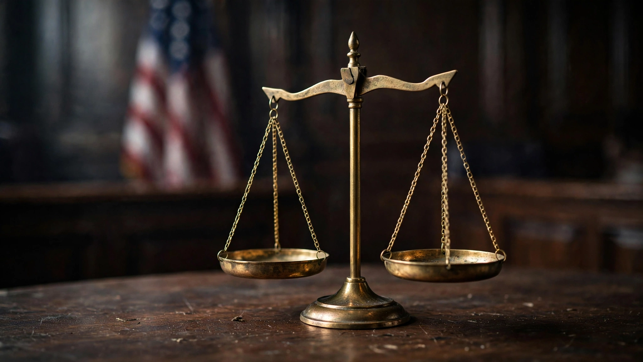 Brass scales of justice on a wooden courtroom table with a blurred American flag behind