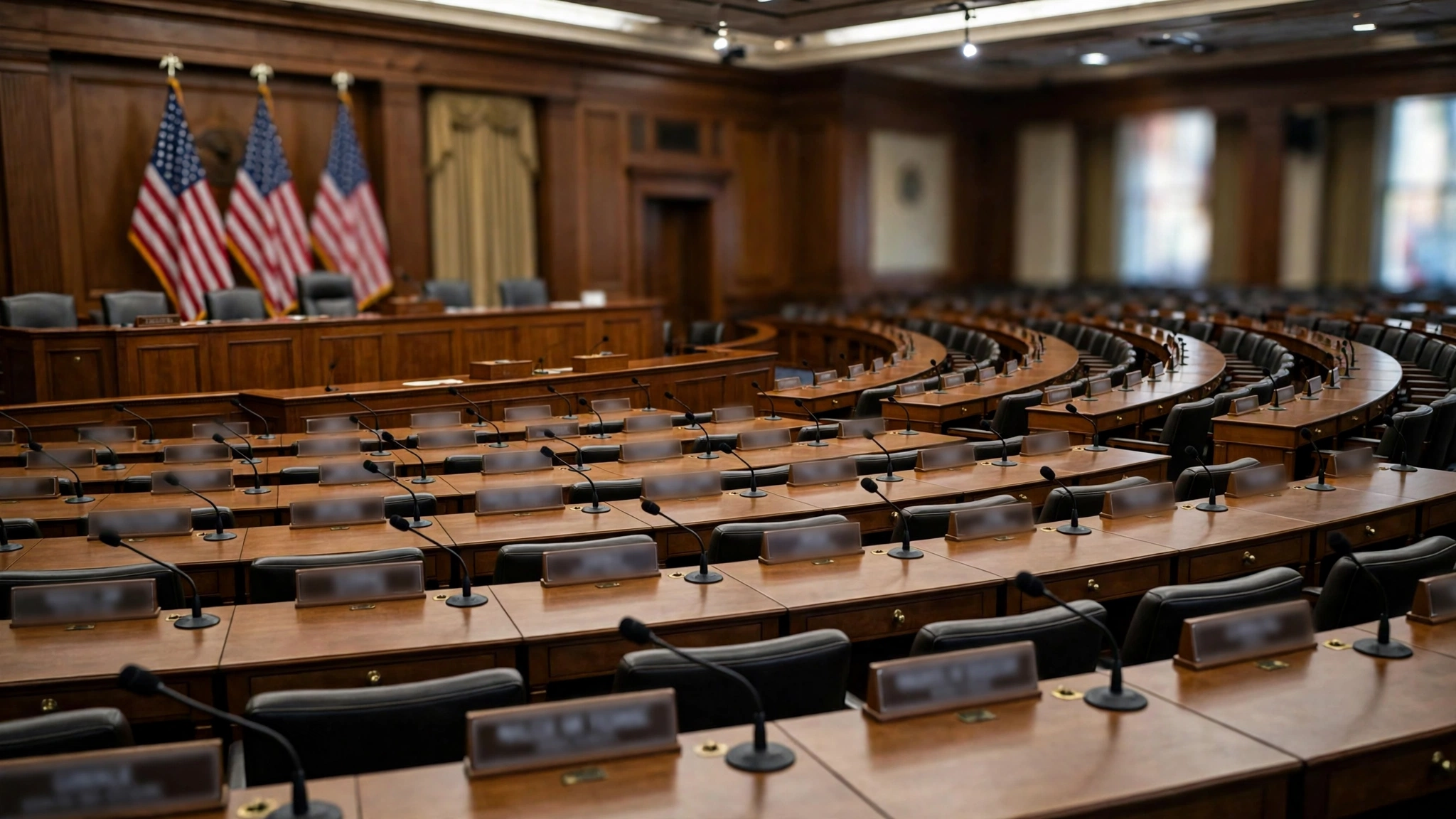 Empty congressional hearing room with curved rows of desks, microphones and blurred nameplates