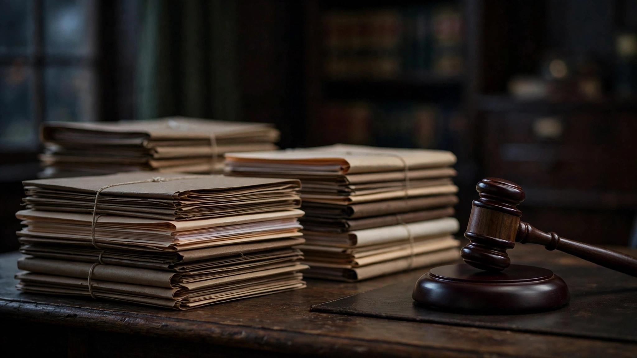 Stacks of legal case files tied with string and a wooden gavel on a desk
