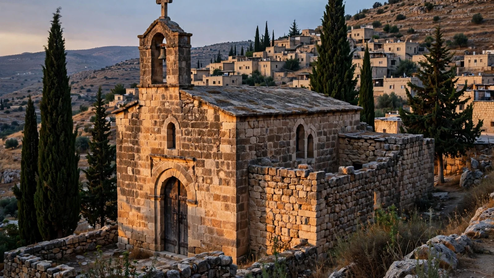 Old stone church with a bell tower and cross on a hillside in a Middle Eastern village at dusk